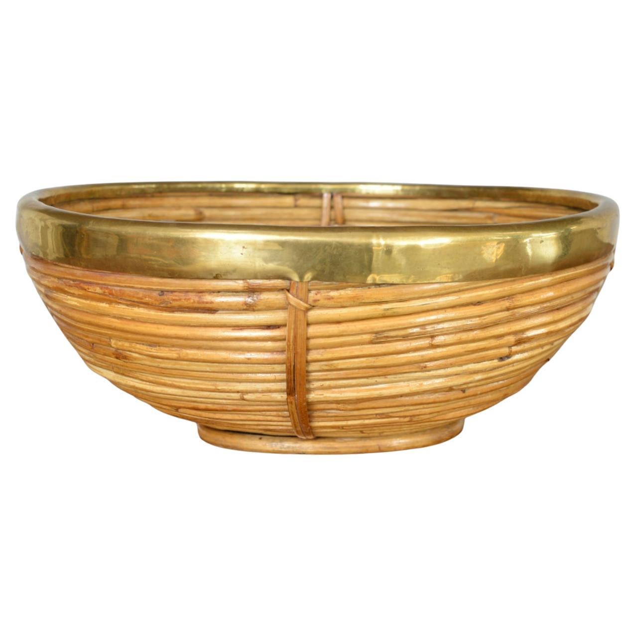 1970s Rattan Cane Brass Basket Centrepiece by Vivai del Sud Italy