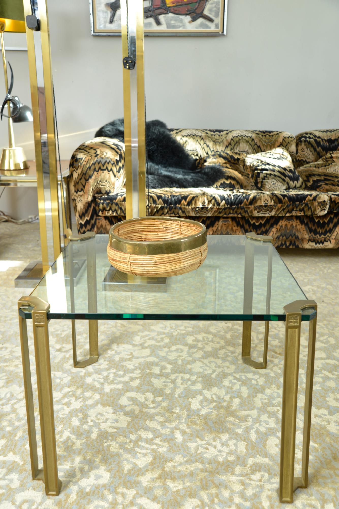 Italian 1970s Rattan Cane Brass Bowl Basket Centrepiece by Vivai del Sud Italy For Sale