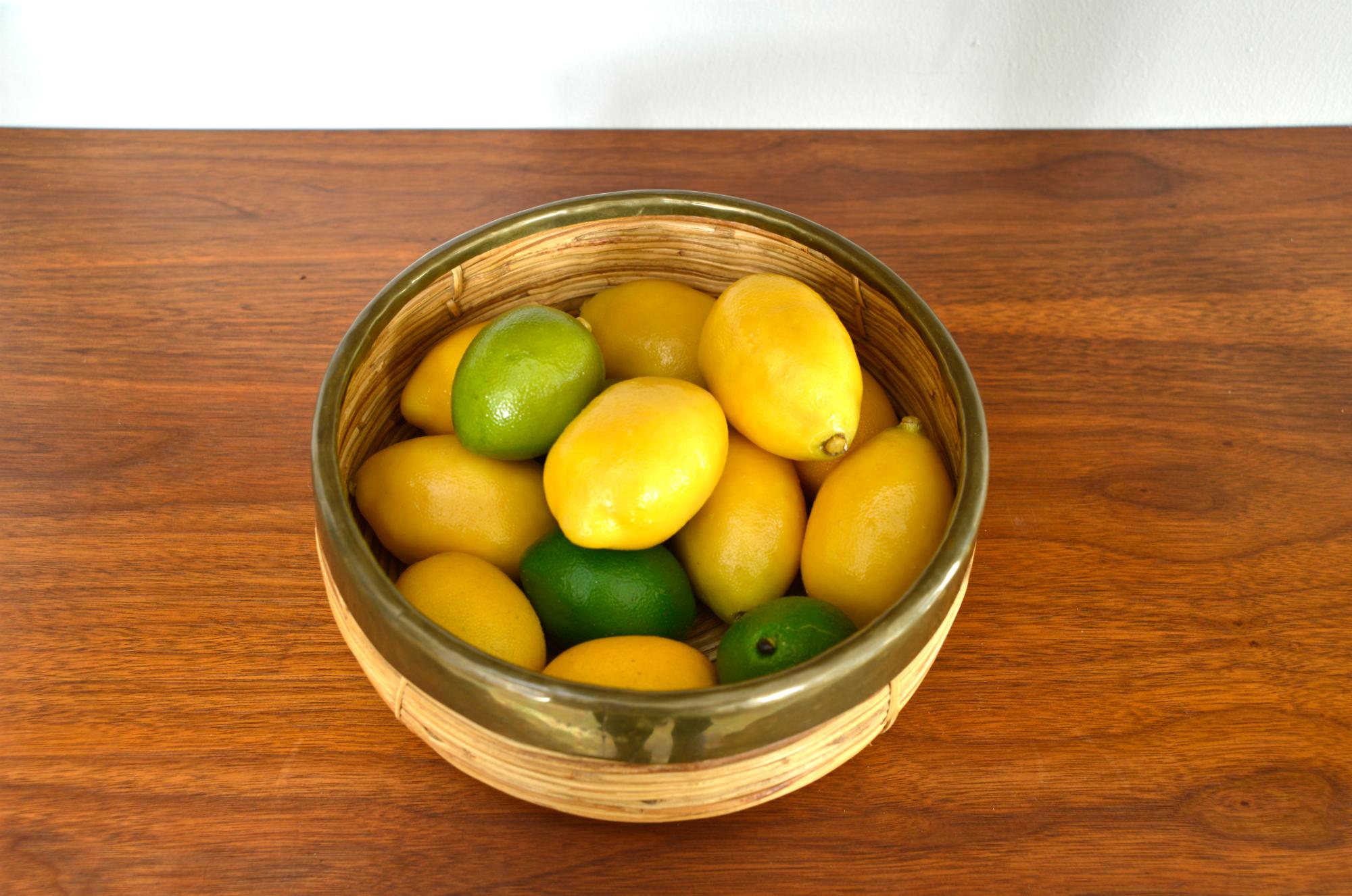 Hand-Crafted 1970s Rattan Cane Brass Bowl Basket Centrepiece by Vivai del Sud Italy For Sale