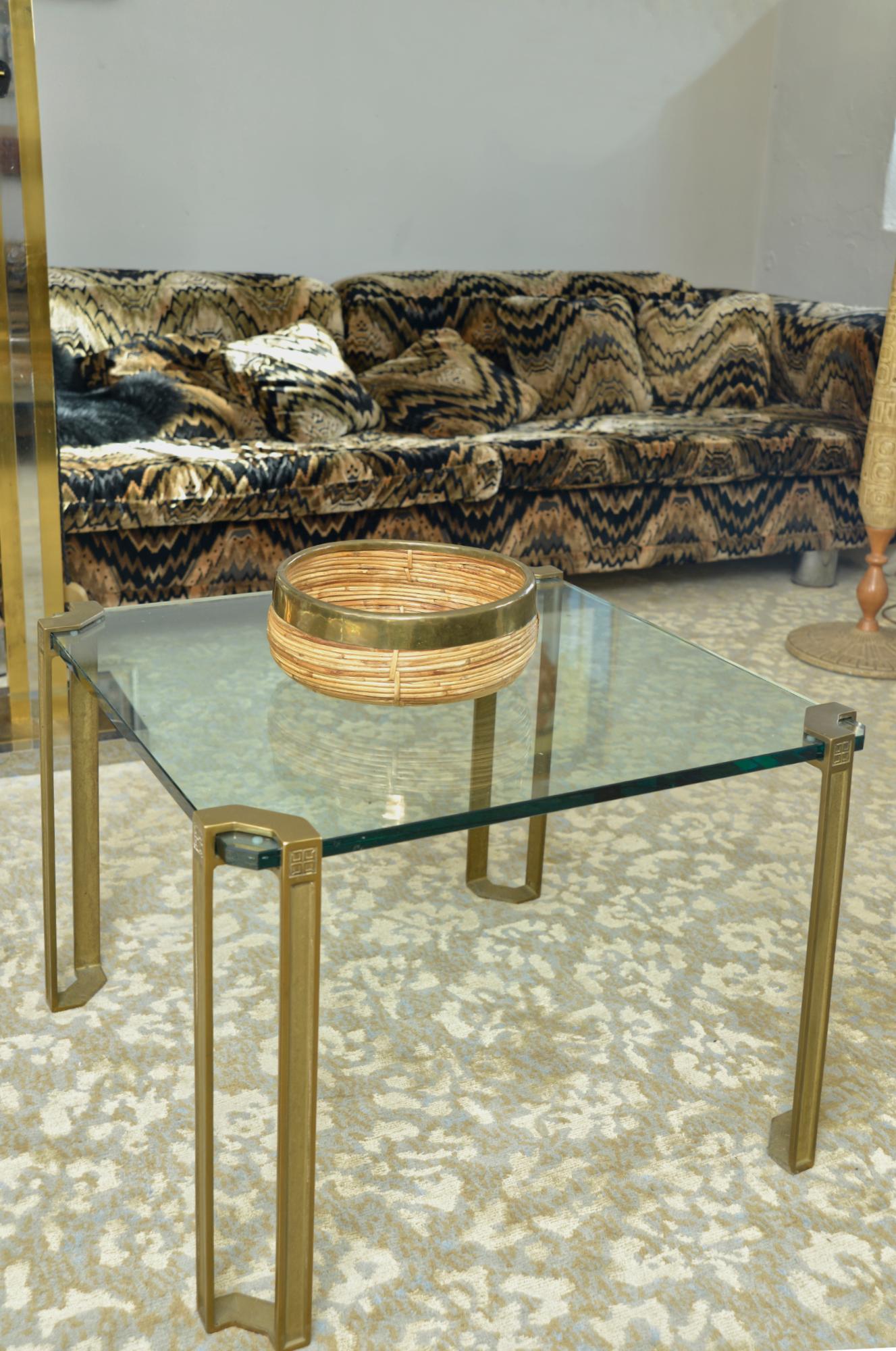 1970s Rattan Cane Brass Bowl Basket Centrepiece by Vivai del Sud Italy For Sale 1