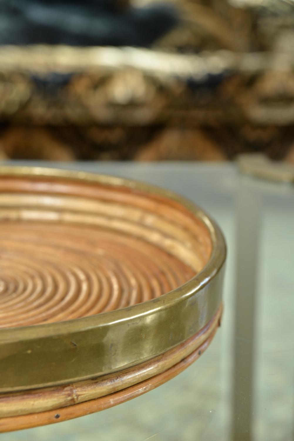 1970s Rattan Cane Brass Tray Basket Centrepiece By Vivai del Sud Italy For Sale 1