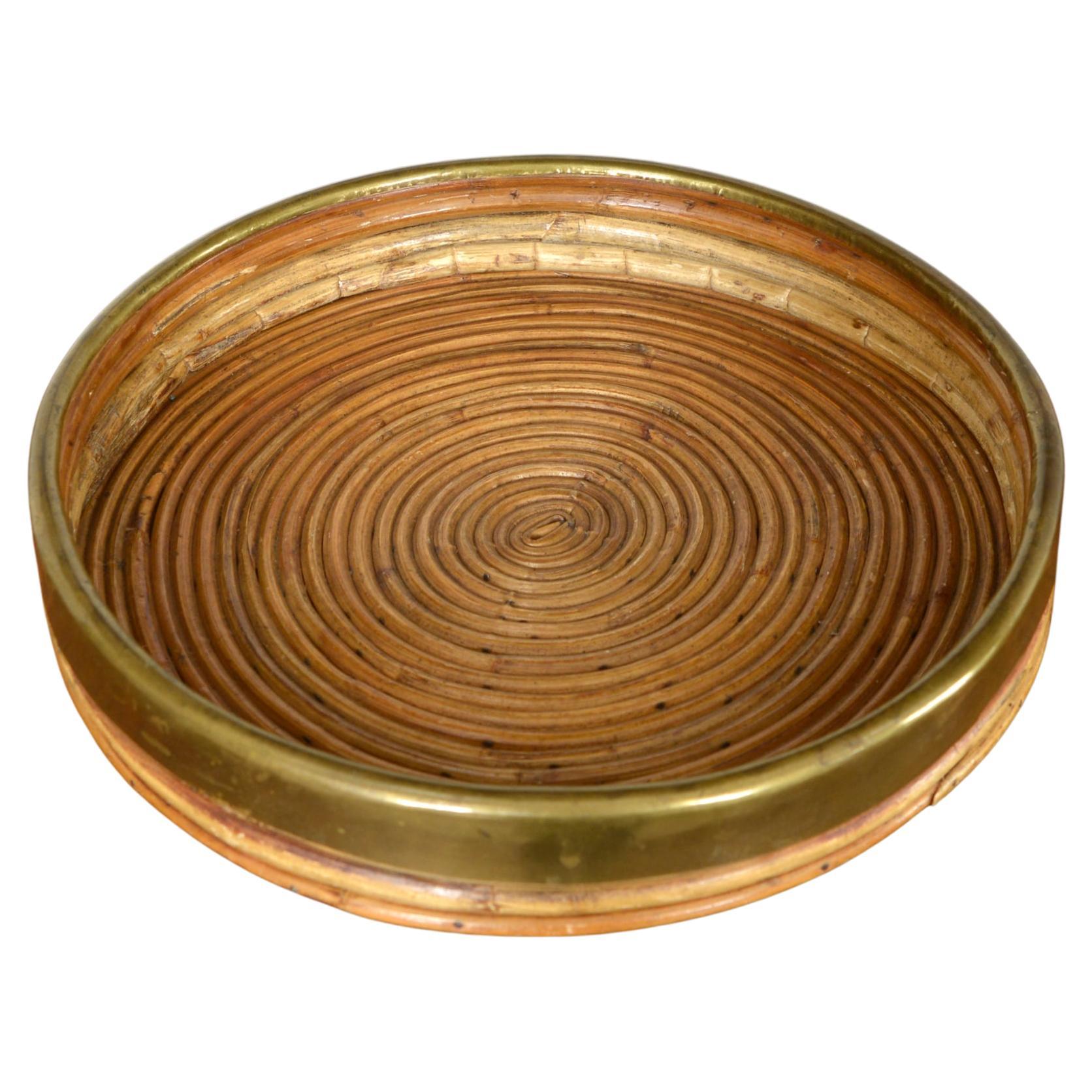 1970s Rattan Cane Brass Tray Basket Centrepiece By Vivai del Sud Italy
