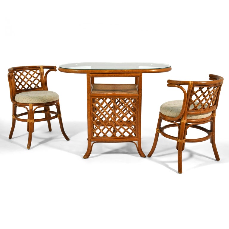 Late 20th Century Rattan & Cane Game Table and Chair Set For Sale