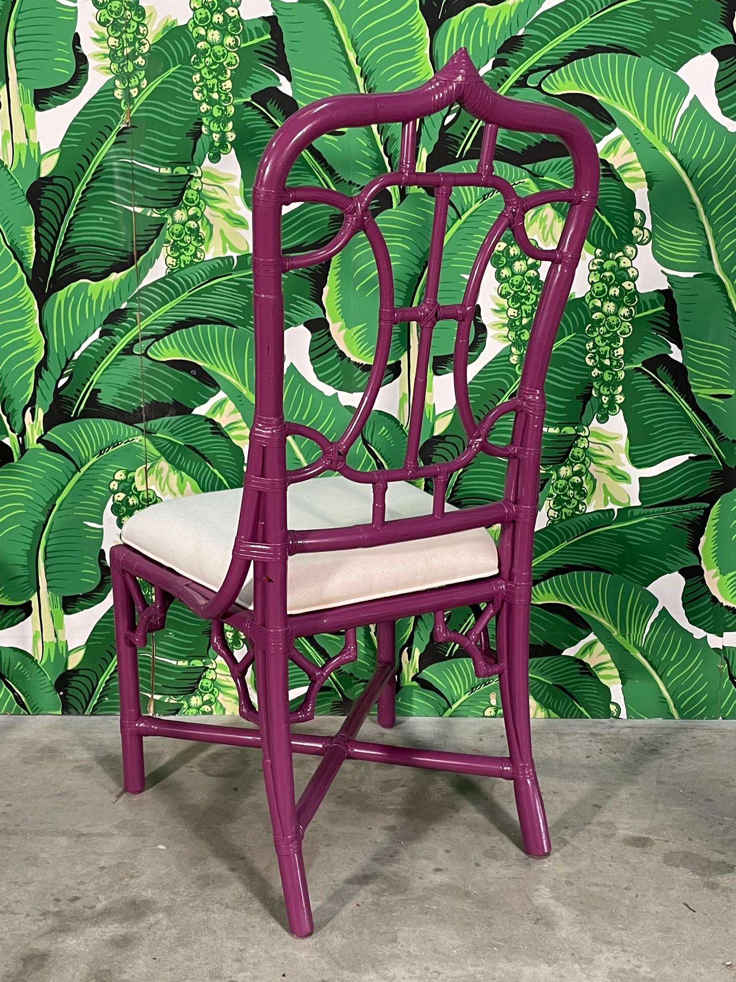 Upholstery Rattan Cathedral Dining Chairs in the Manner of McGuire For Sale