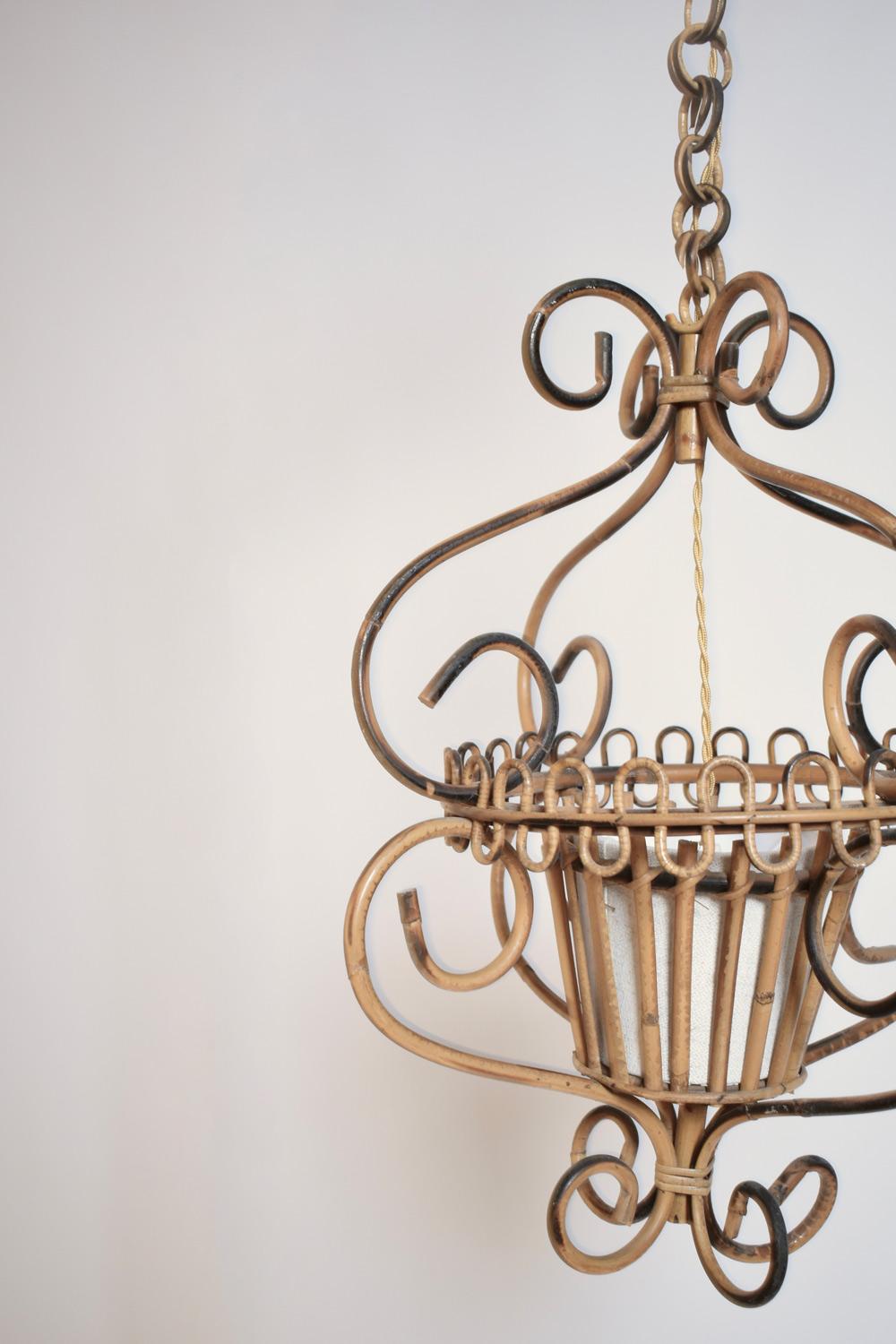 French Rattan ceiling lamp, 1950s. For Sale