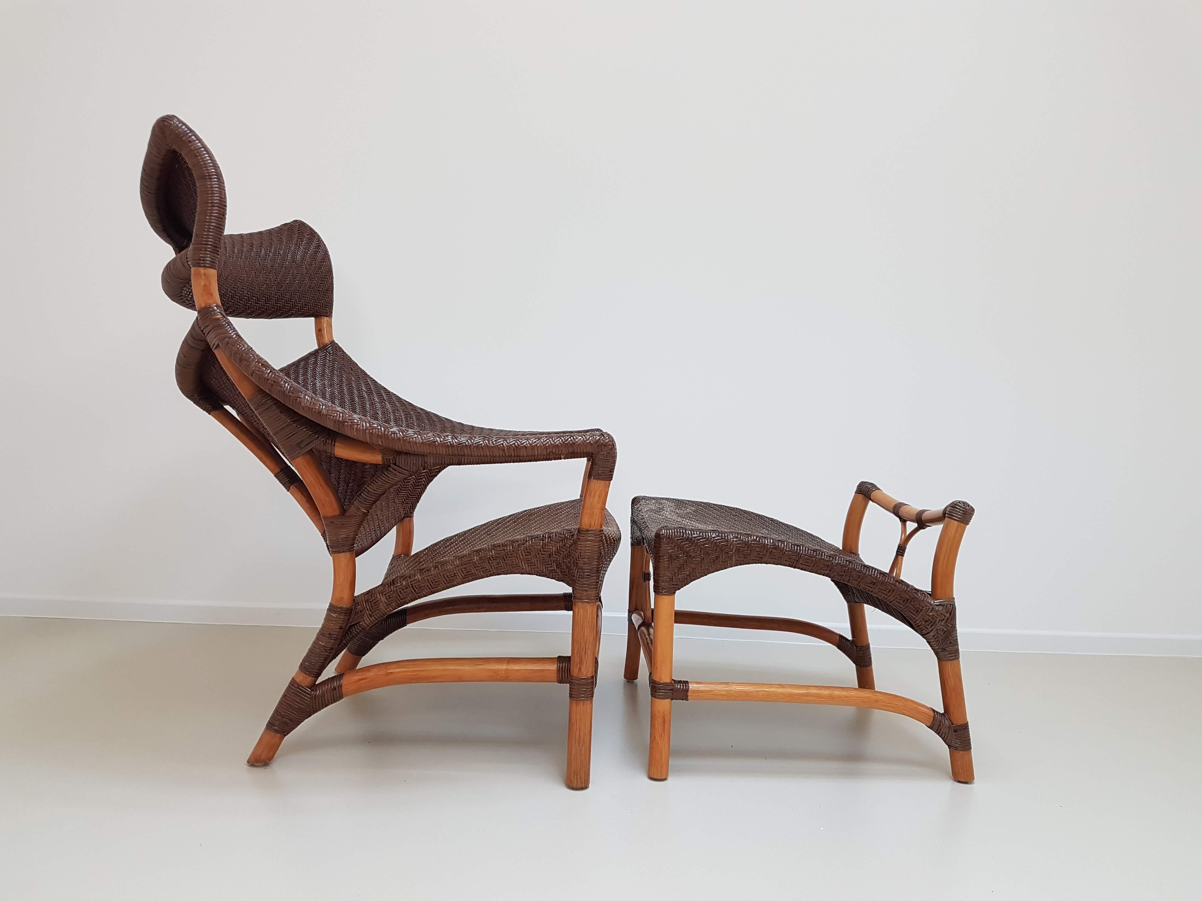 Exceptional rattan chair and footrest CL-261 by Yamakawa, Japan, circa 1980s.

Yuzru Yamakawa joined the family rattan furniture business at its inception in the 1950s. A gifted designer, he led the company's development, producing high quality