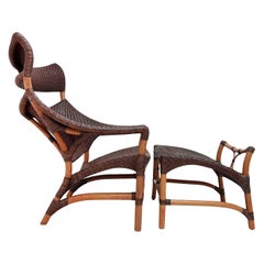 Antique Rattan Chair and Foot Rest by Yuzru Yamakawa, Japan, 1980