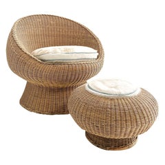 Rattan Chair and Ottoman Set with Custom Brazilian Cowhide Cushions