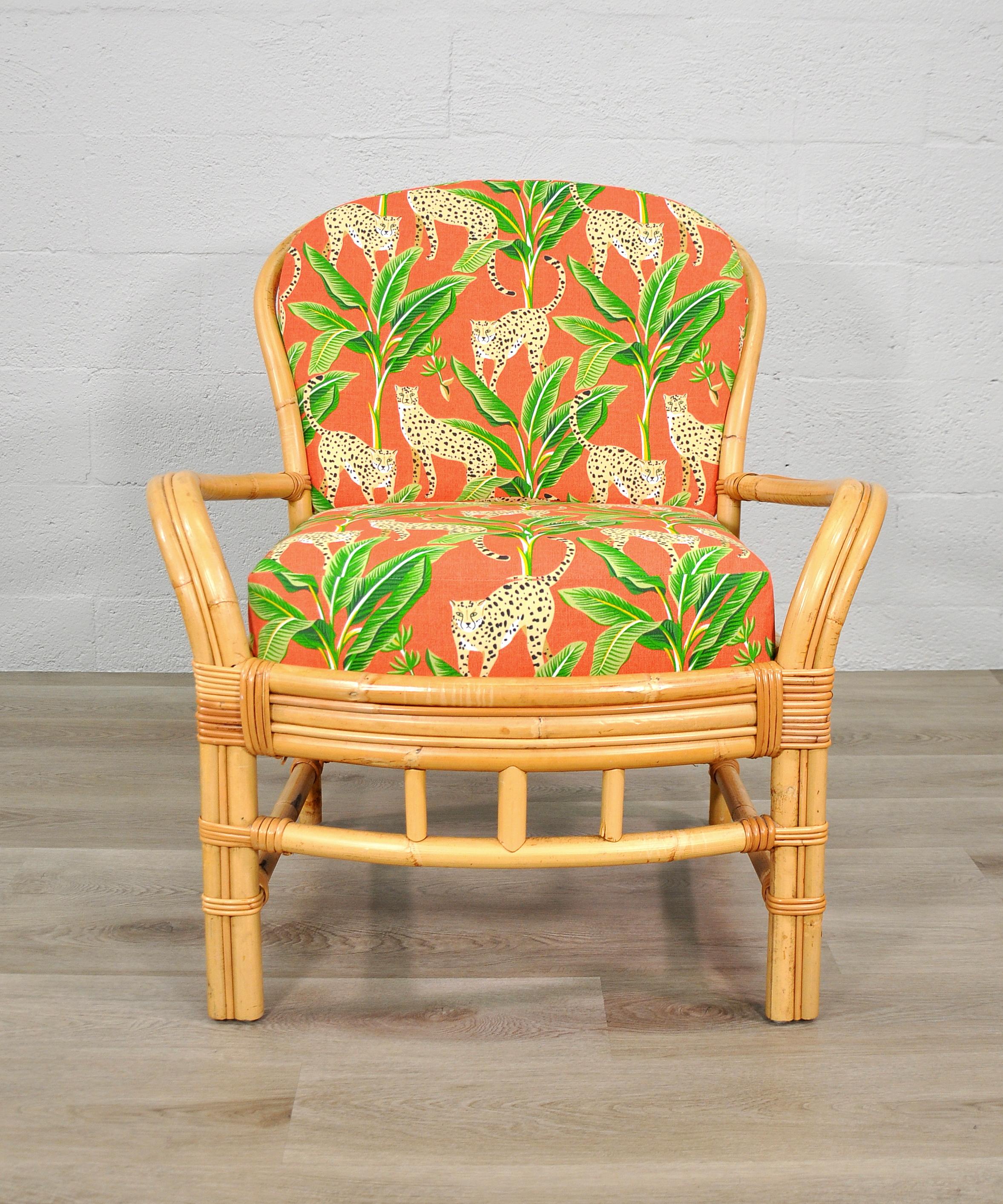 Rattan Chair with Tropical Cheetah and Palm Fabric For Sale 2