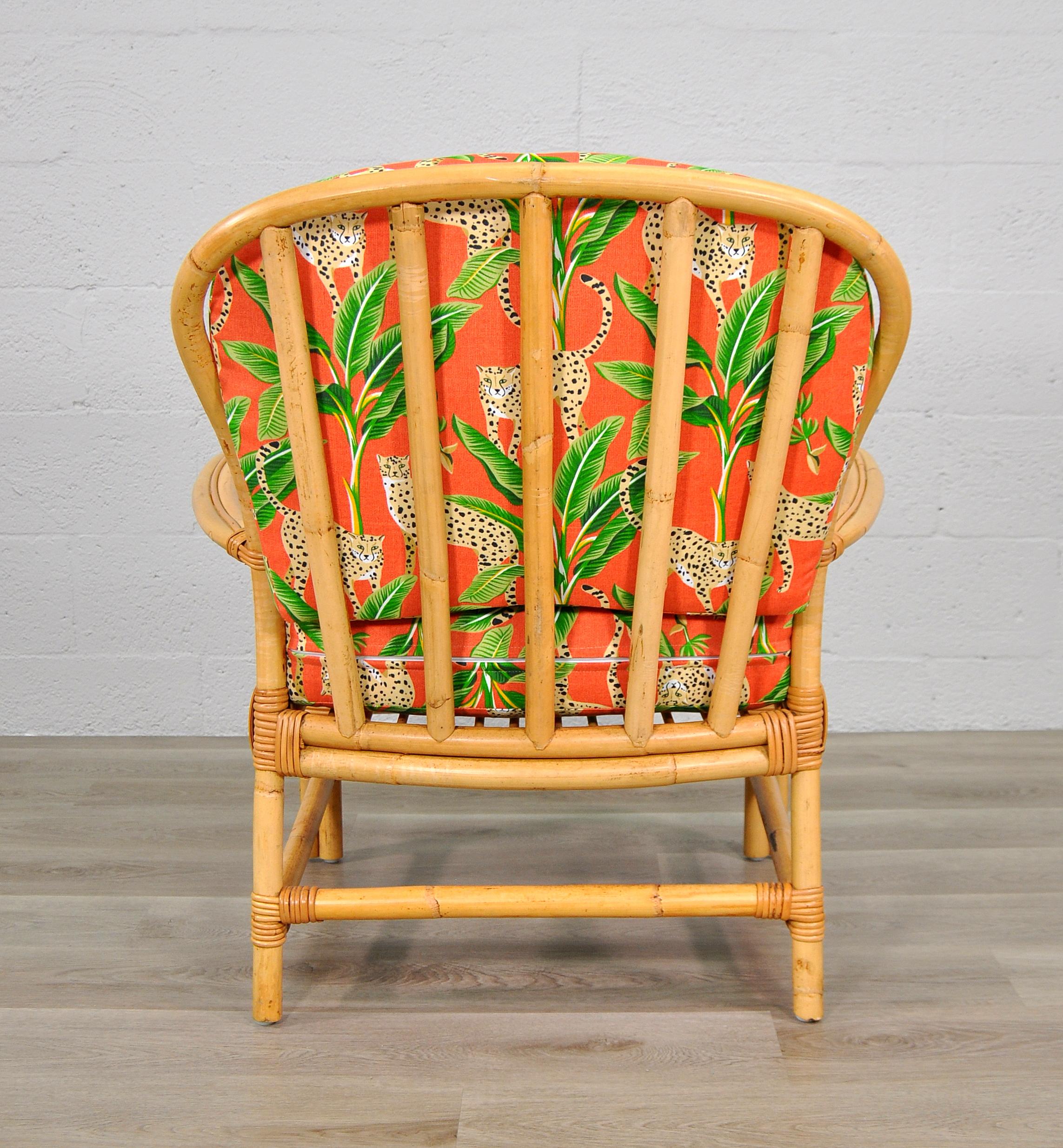 Mid-Century Modern Rattan Chair with Tropical Cheetah and Palm Fabric For Sale