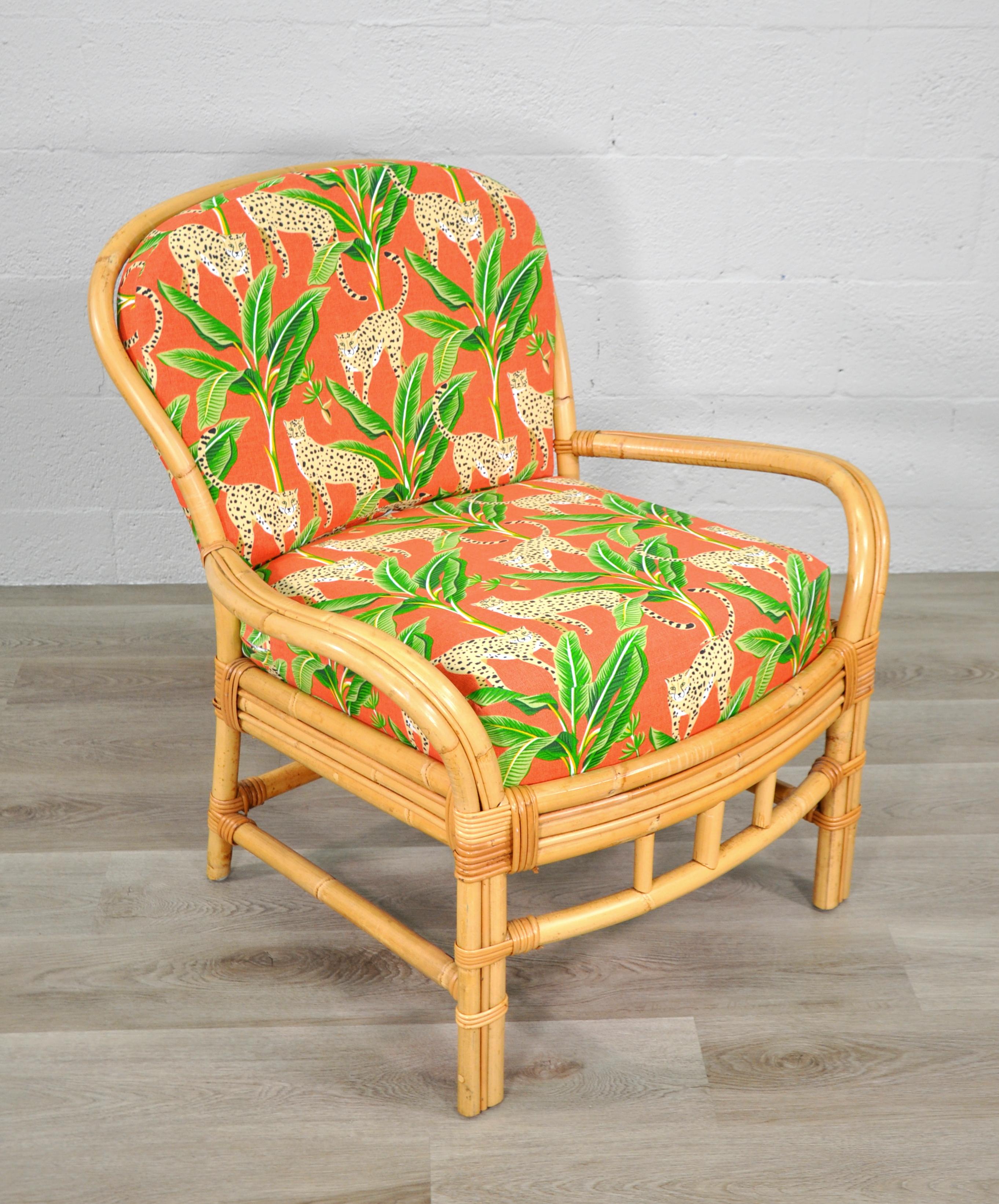 Mid-Century Modern Rattan Chair with Tropical Cheetah and Palm Fabric For Sale