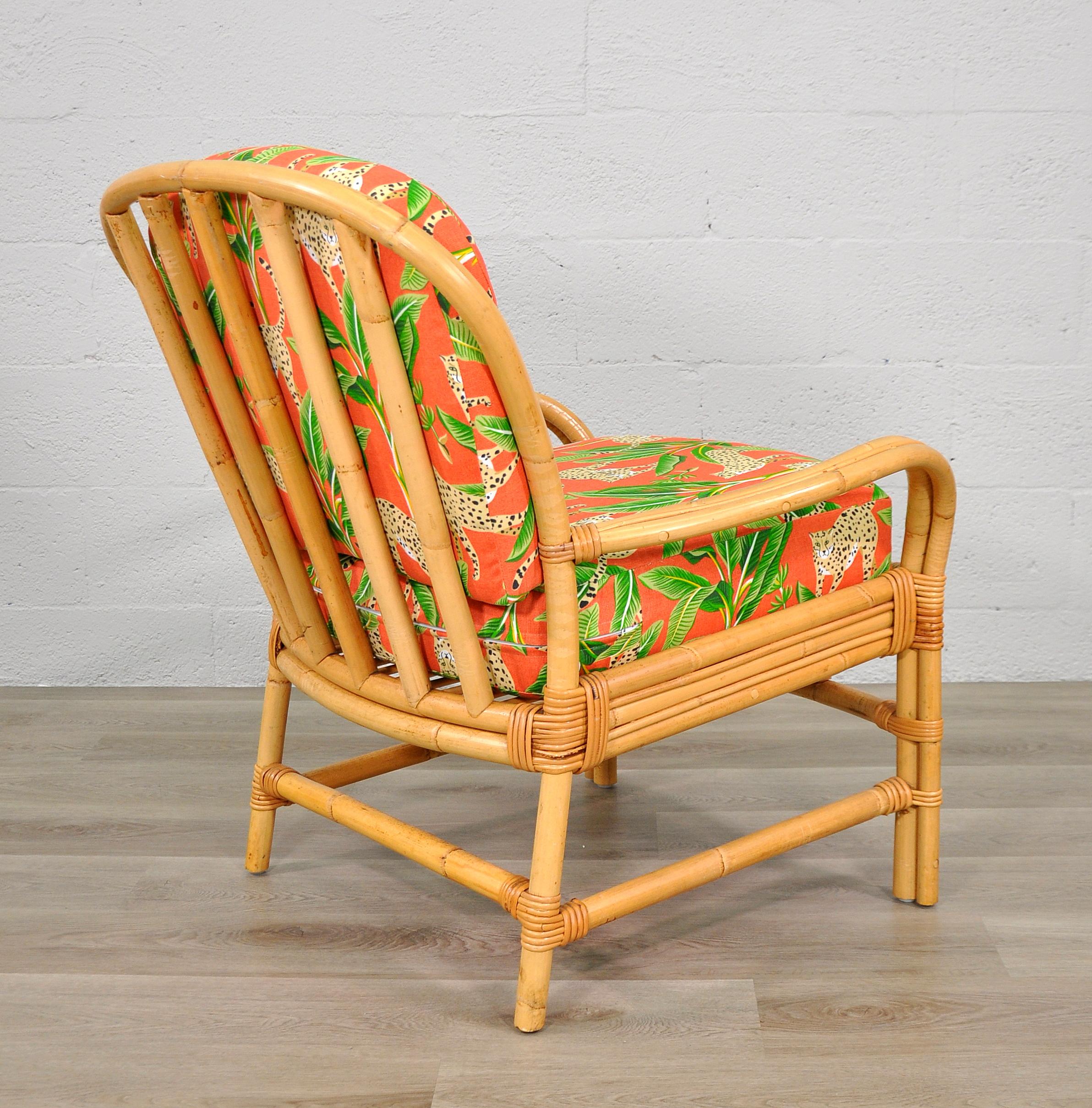 Late 20th Century Rattan Chair with Tropical Cheetah and Palm Fabric For Sale