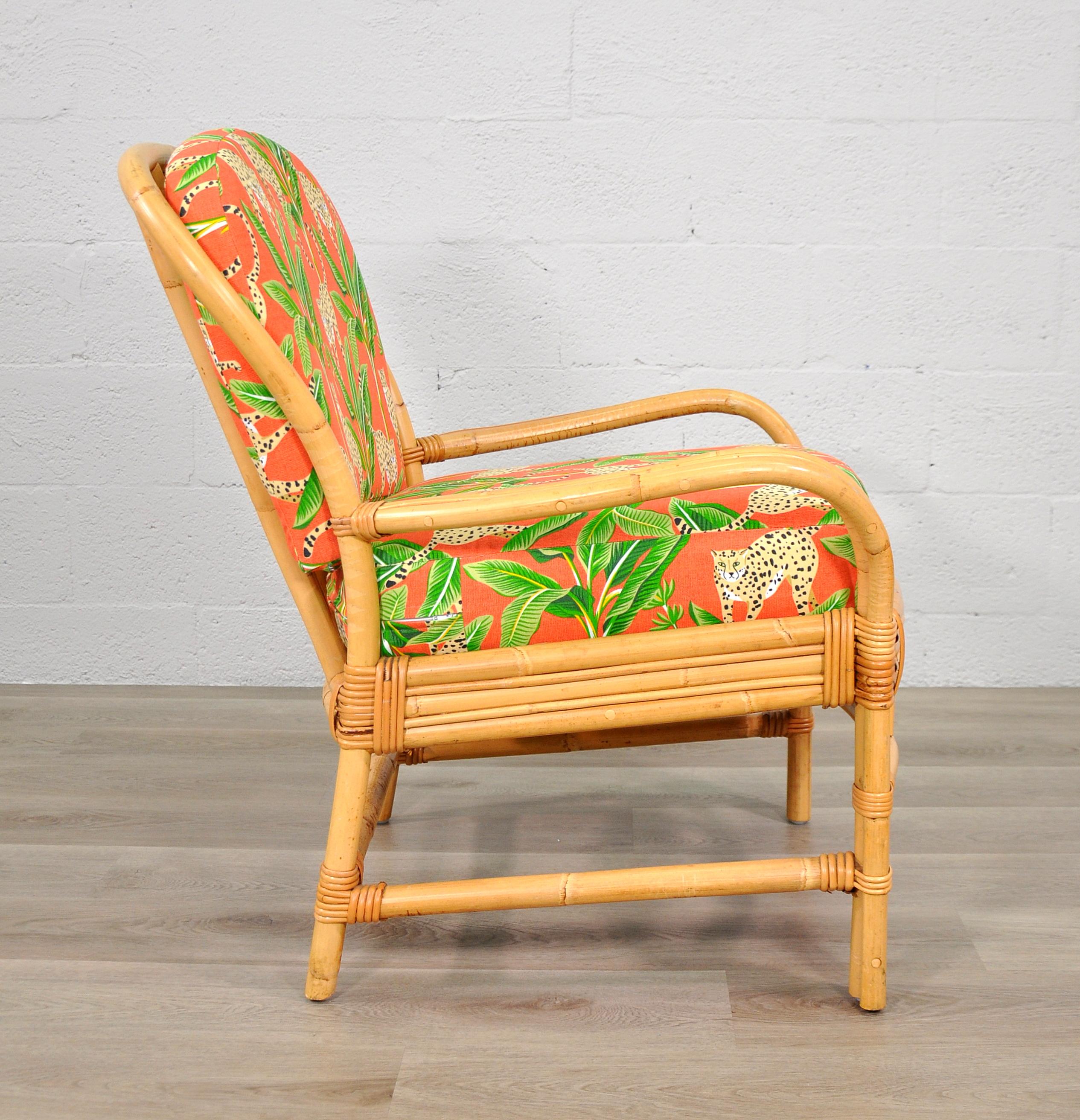 Late 20th Century Rattan Chair with Tropical Cheetah and Palm Fabric For Sale