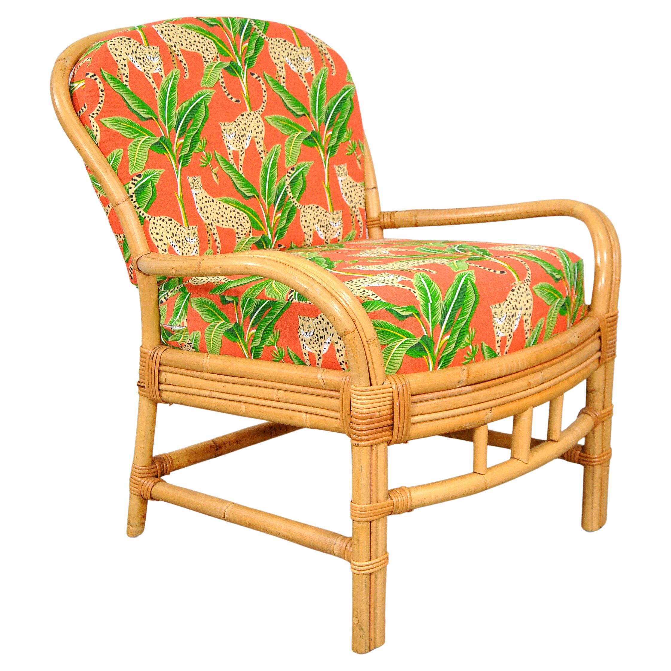 Rattan Chair with Tropical Cheetah and Palm Fabric For Sale
