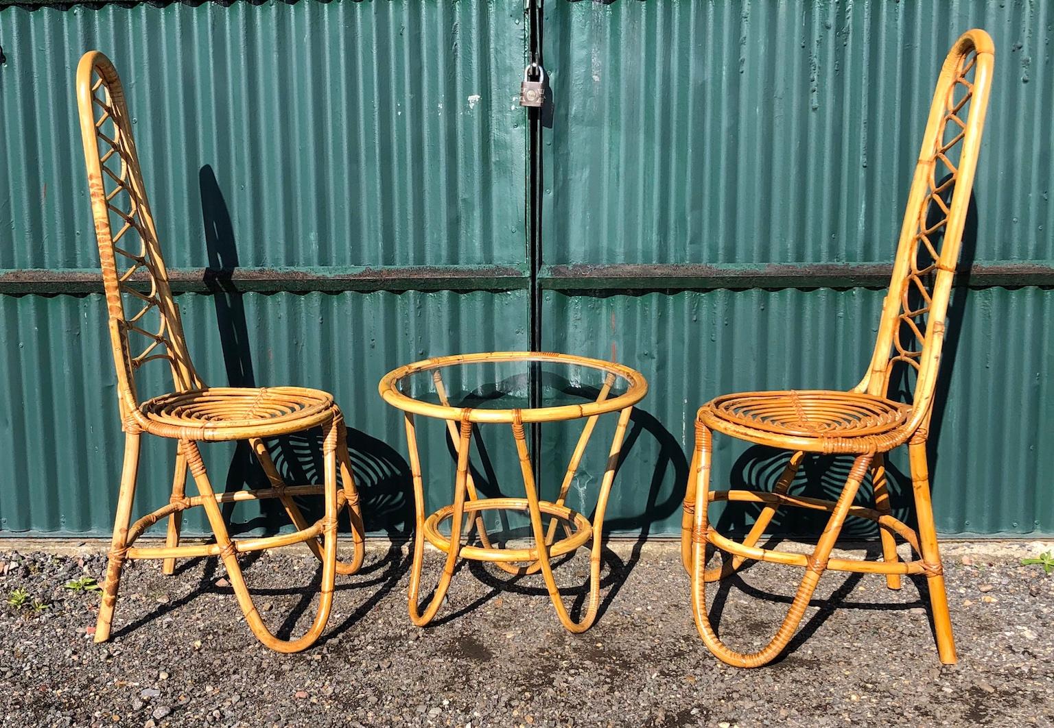 Mid-Century Modern MCM Rattan Chairs and Table Set by Dirk Van Sliedrecht for Rohe Noordwolde, 1950