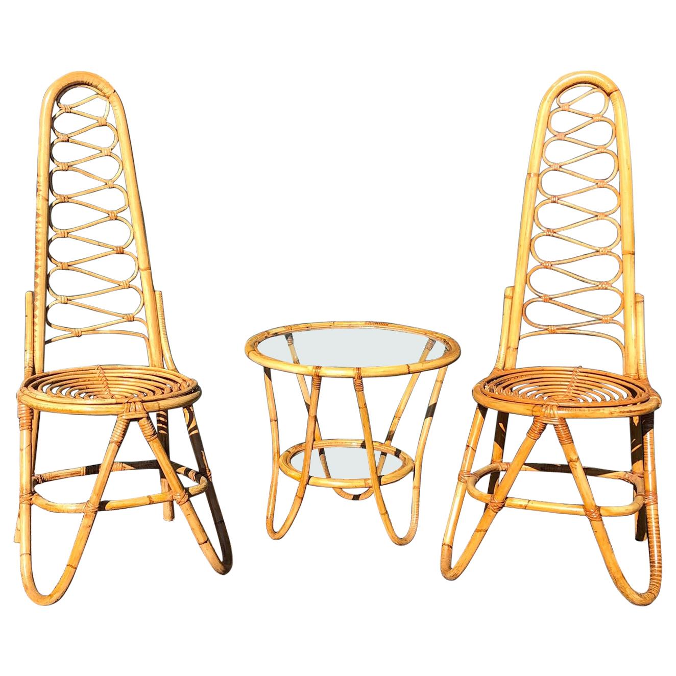 MCM Rattan Chairs and Table Set by Dirk Van Sliedrecht for Rohe