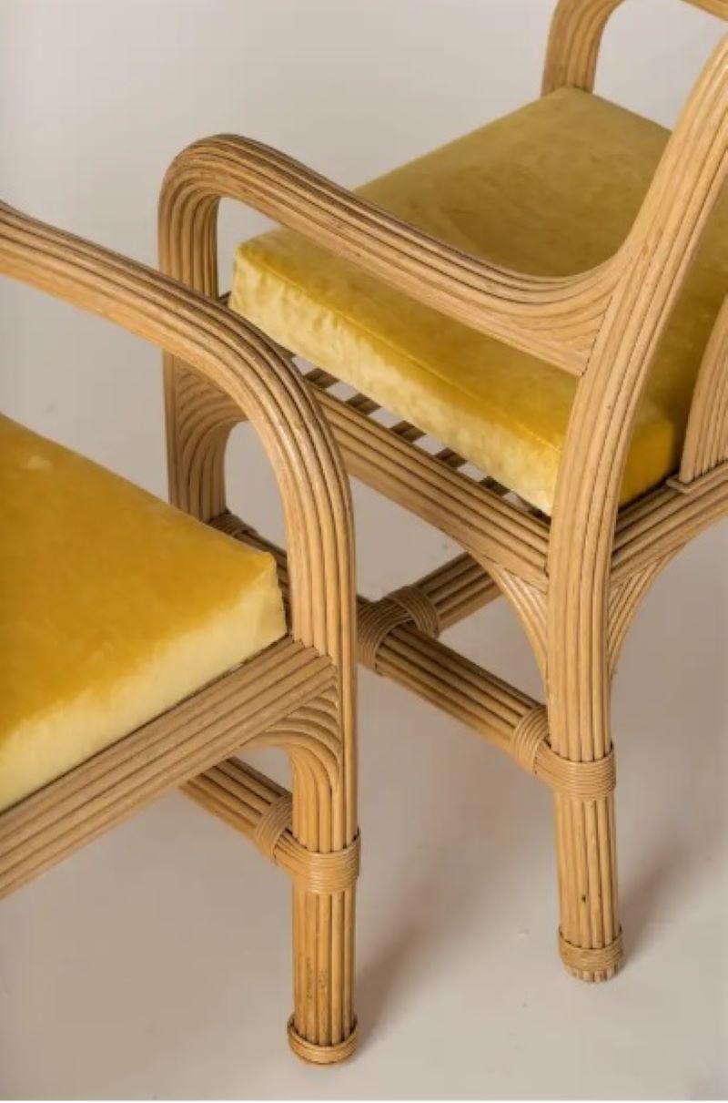 Rattan Chairs with Fresh Golden Velvet Cushions Att. Vivai del Sud, Italy, 1970s 3