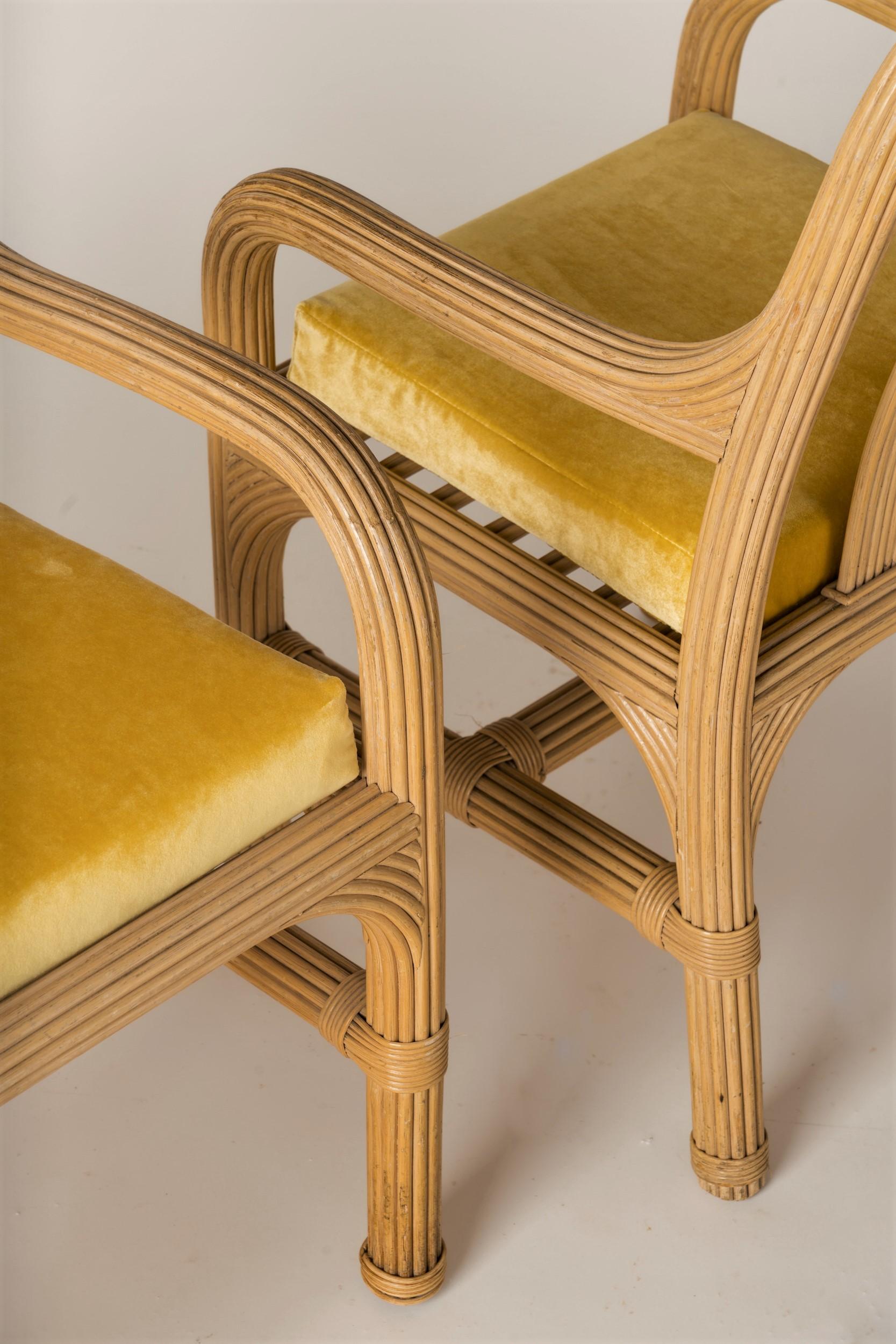 Rattan Chairs with Fresh Golden Velvet Cushions Att. Vivai del Sud, Italy, 1970s 4
