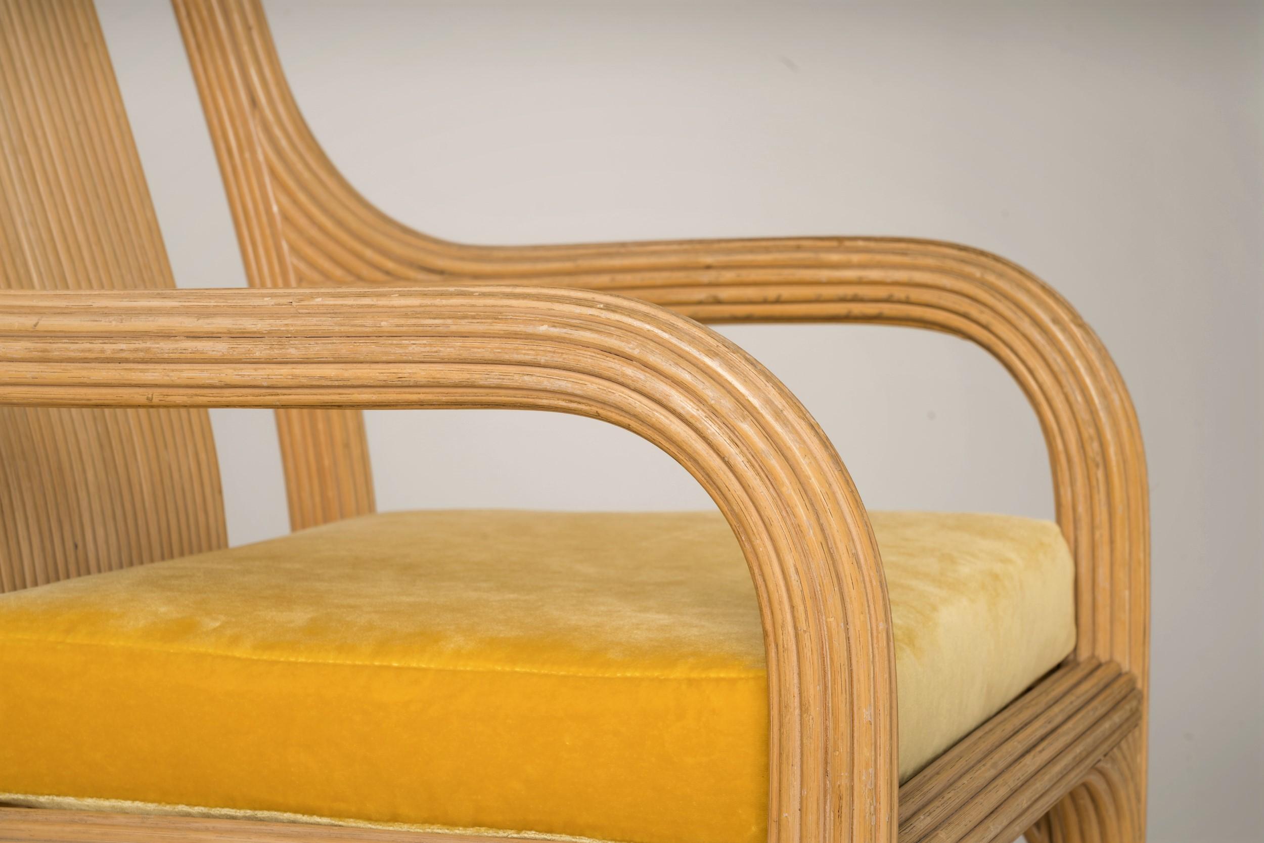 Rattan Chairs with Fresh Golden Velvet Cushions Att. Vivai del Sud, Italy, 1970s 8