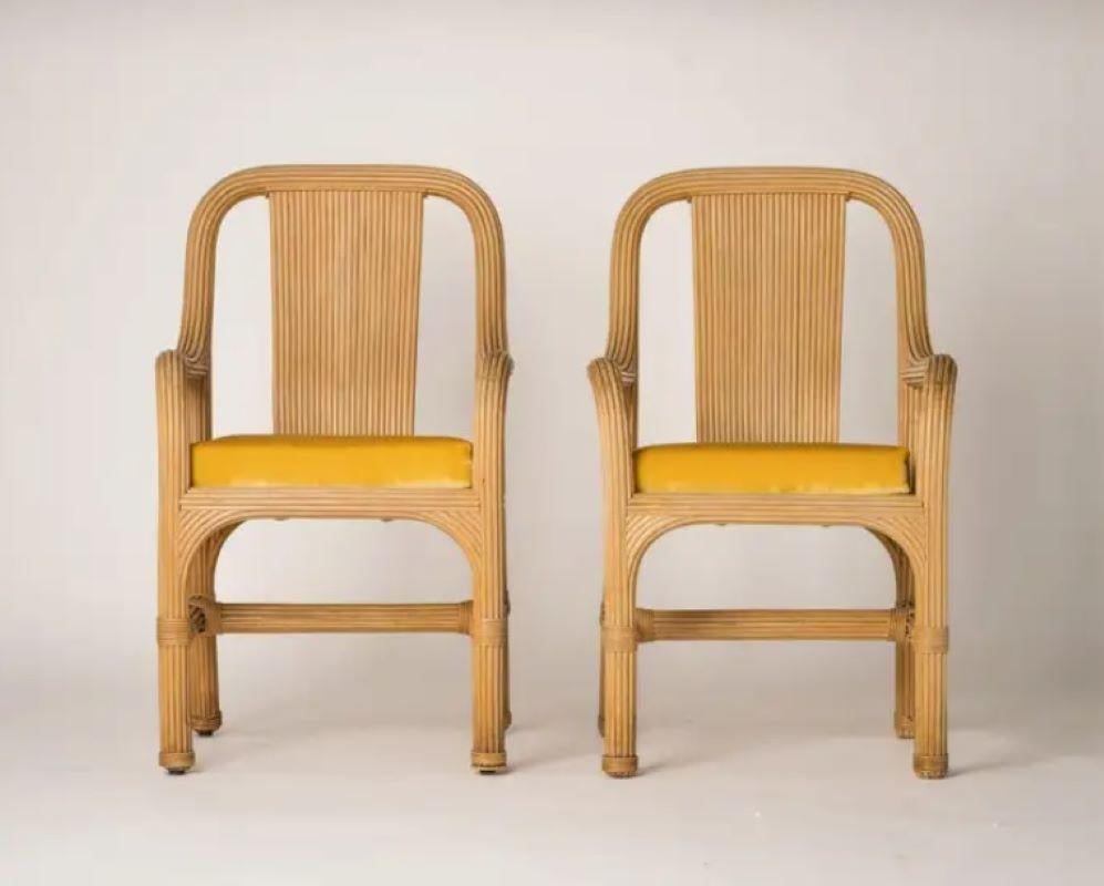 Mid-Century Modern Rattan Chairs with Fresh Golden Velvet Cushions Att. Vivai del Sud, Italy, 1970s