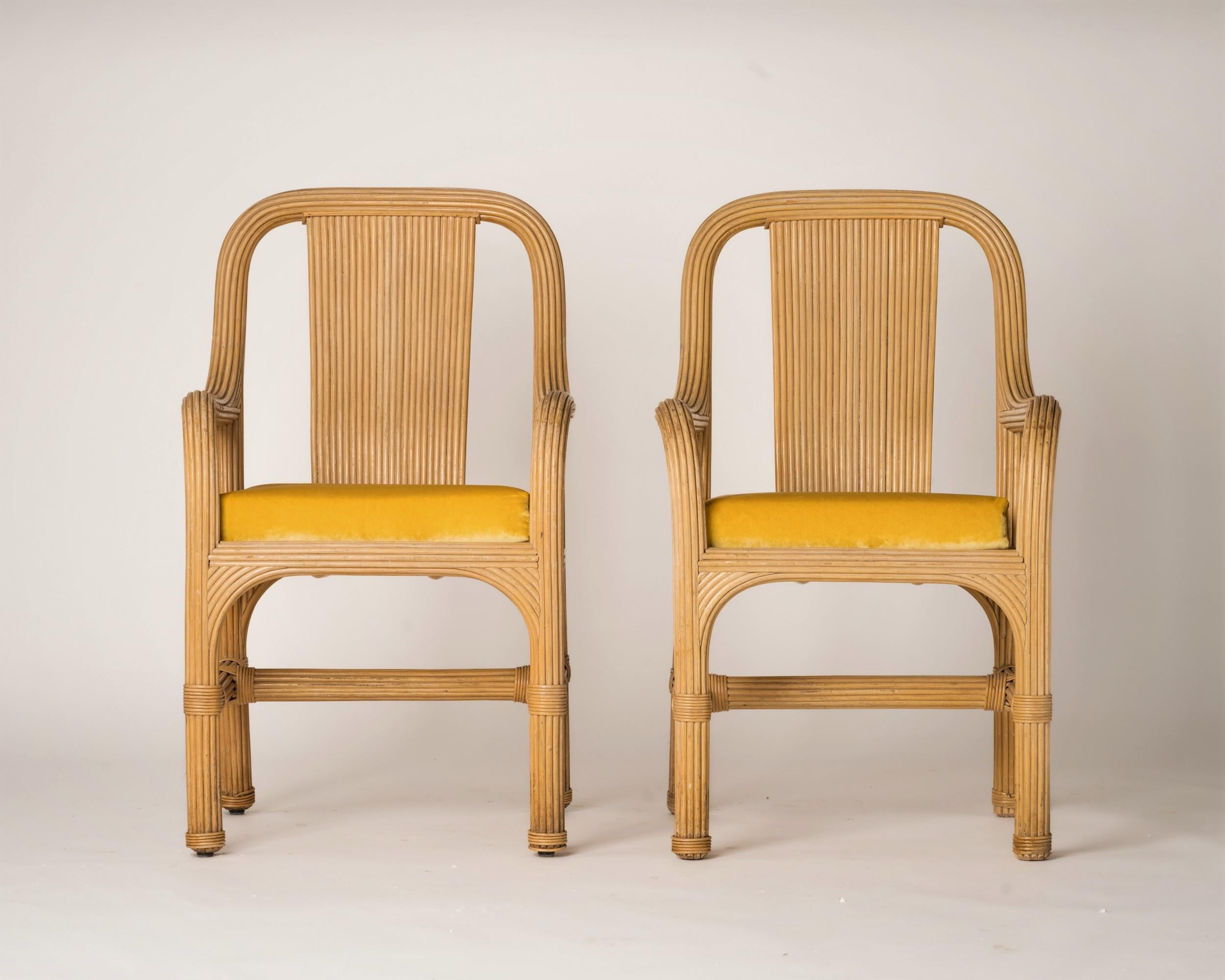 Italian Rattan Chairs with Fresh Golden Velvet Cushions Att. Vivai del Sud, Italy, 1970s