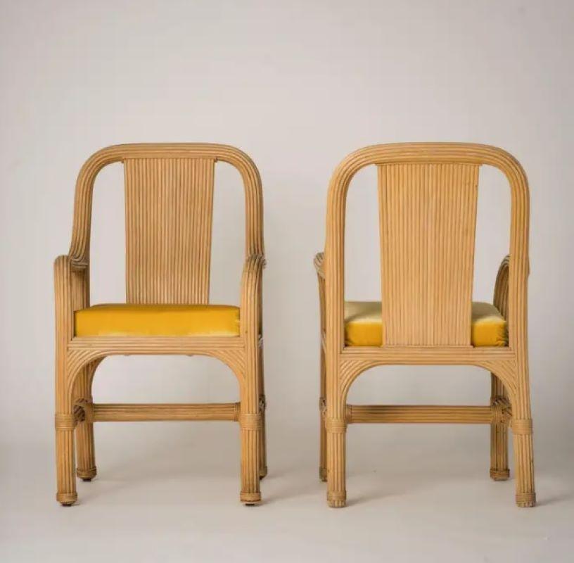 Italian Rattan Chairs with Fresh Golden Velvet Cushions Att. Vivai del Sud, Italy, 1970s For Sale