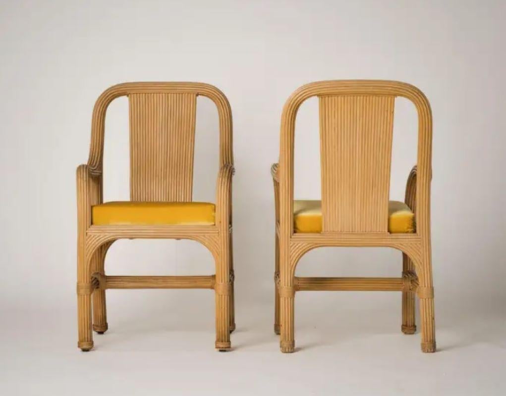 Rattan Chairs with Fresh Golden Velvet Cushions Att. Vivai del Sud, Italy, 1970s In Good Condition For Sale In Chicago, IL