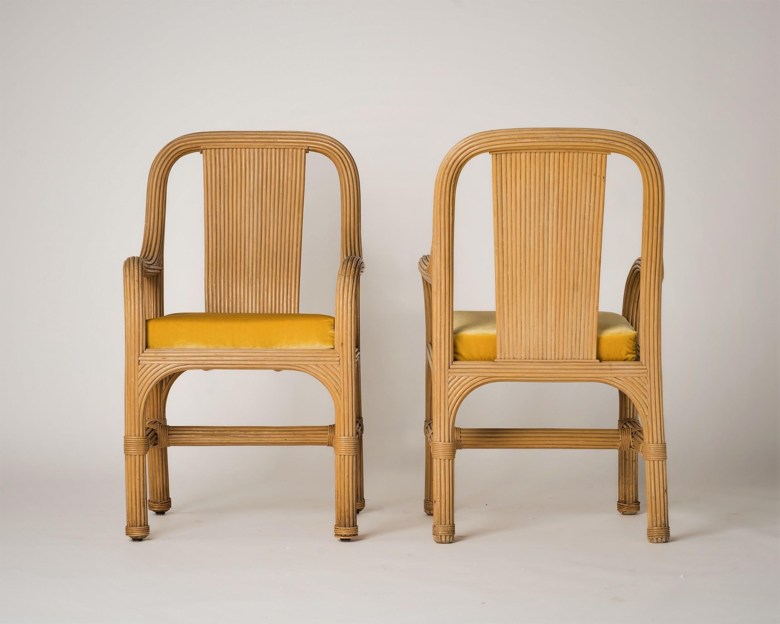 Late 20th Century Rattan Chairs with Fresh Golden Velvet Cushions Att. Vivai del Sud, Italy, 1970s