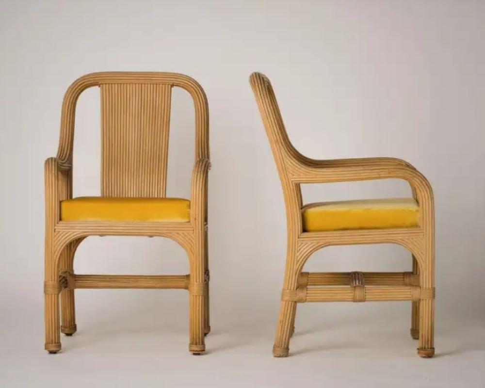 Fin du 20e siècle Chaises en rotin avec coussins en velours doré Att. Vivai del Sud, Italie, années 1970 en vente