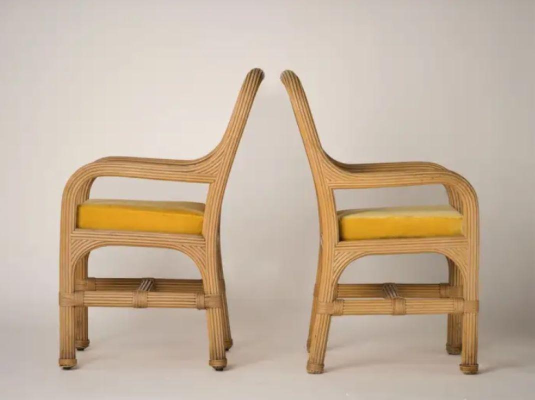 Upholstery Rattan Chairs with Fresh Golden Velvet Cushions Att. Vivai del Sud, Italy, 1970s
