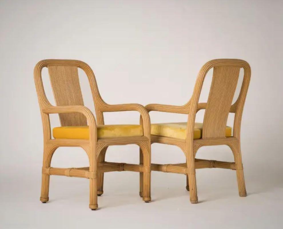 Rattan Chairs with Fresh Golden Velvet Cushions Att. Vivai del Sud, Italy, 1970s 1