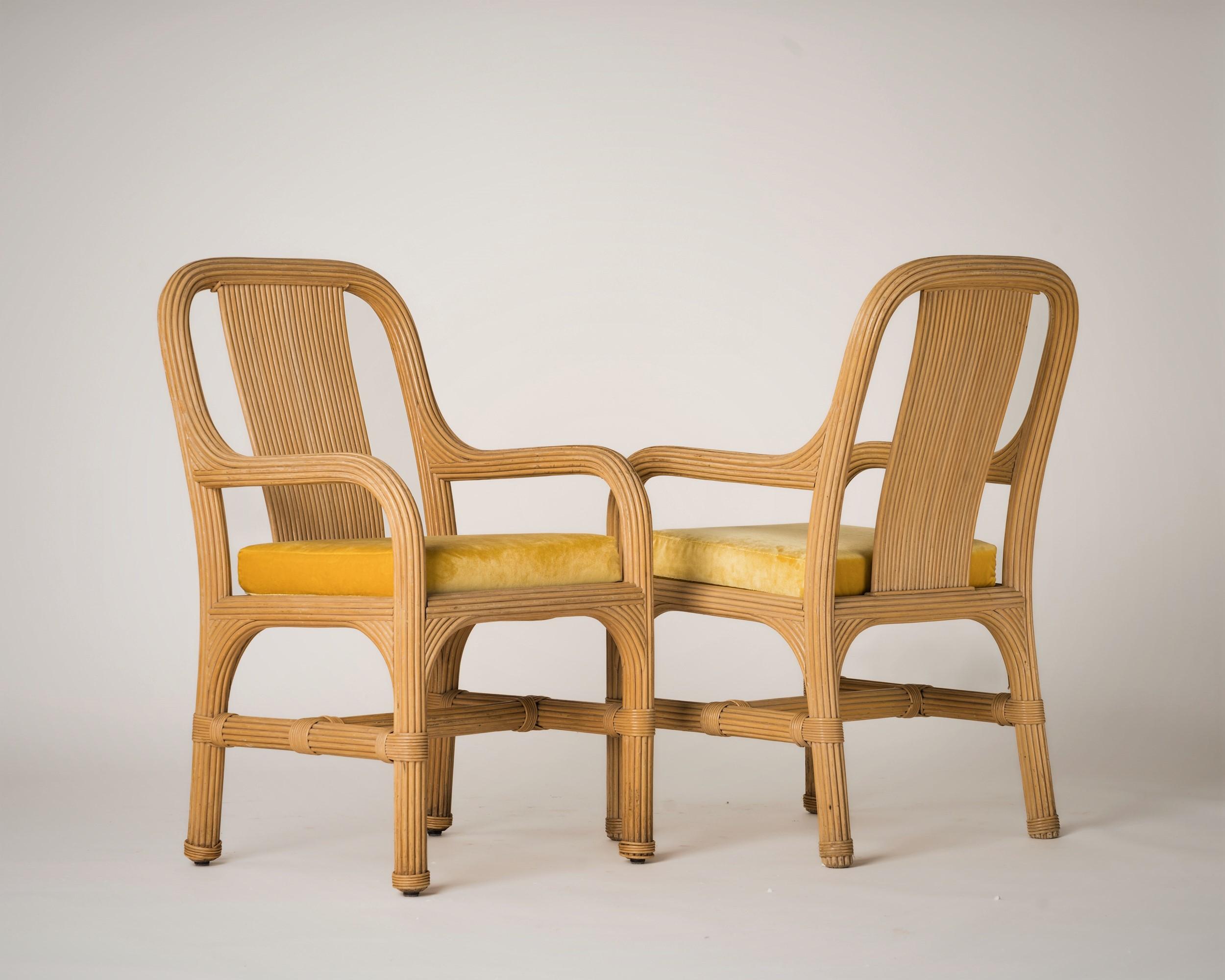 Rattan Chairs with Fresh Golden Velvet Cushions Att. Vivai del Sud, Italy, 1970s 2