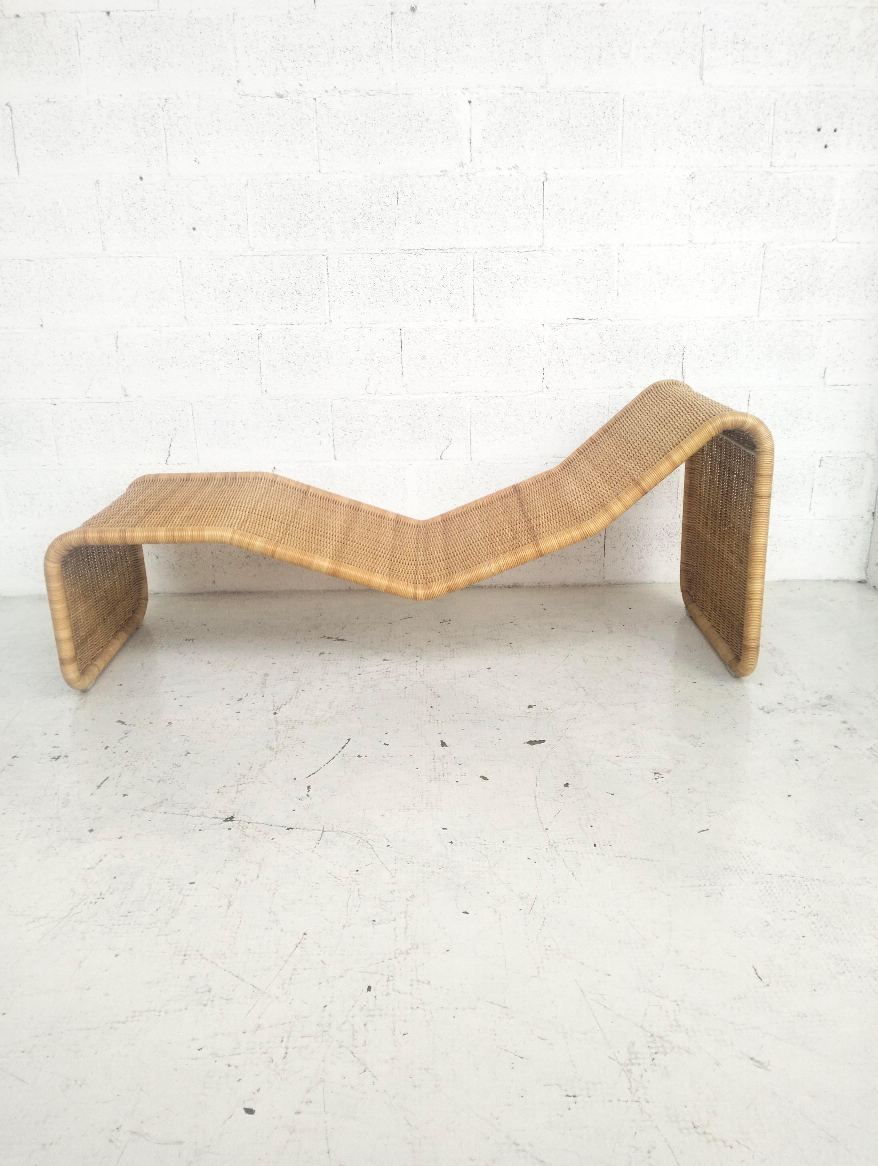 Rotin Chaise longue en rotin modèle P3S par Tito Agnoli pour Bonacina années 60, 70 en vente