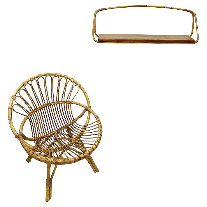 Rattan children's chair with bookshelf, 1960s
