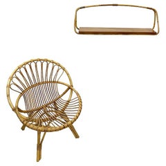 Rattan children's chair with bookshelf, 1960s