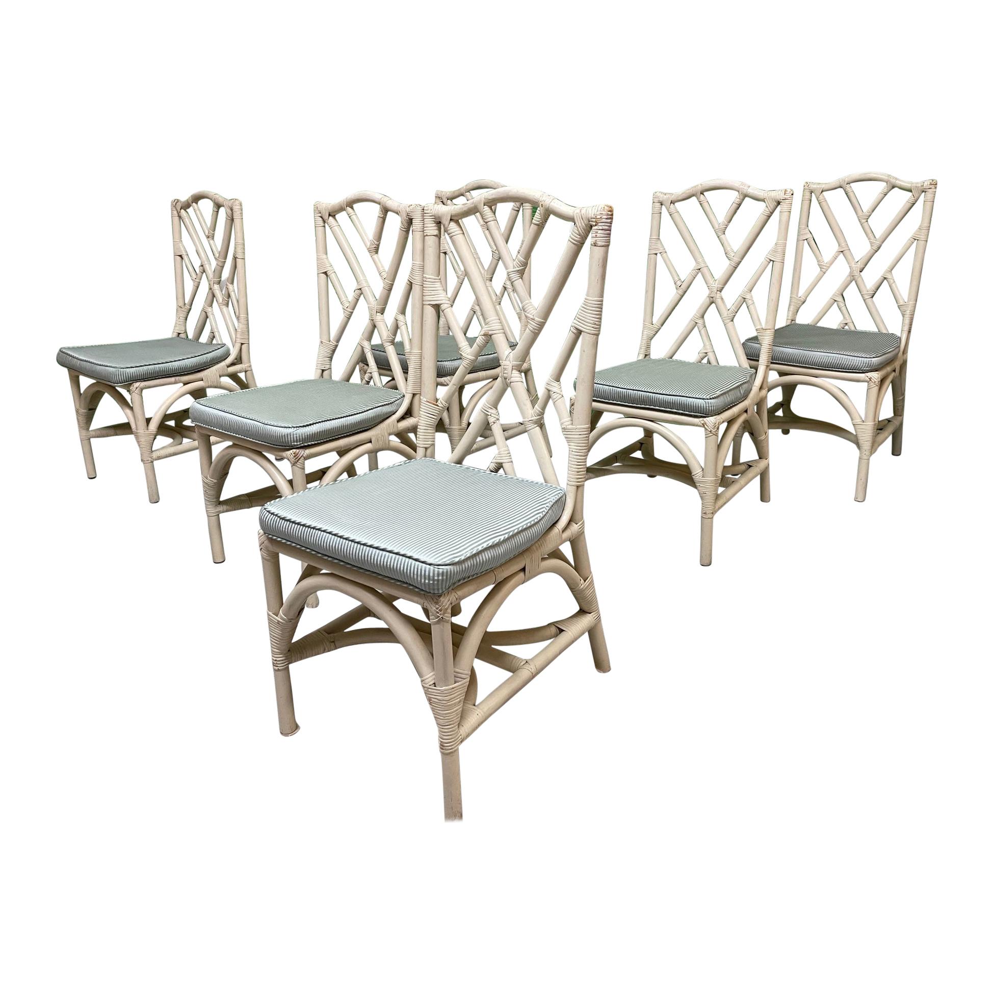 Rattan Chinese Chippendale Dining Chairs, Set of 6