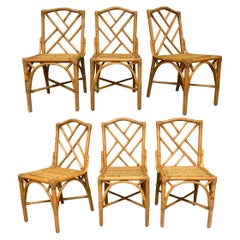 Rattan Chinese Chippendale Dining Chairs, Set of 6