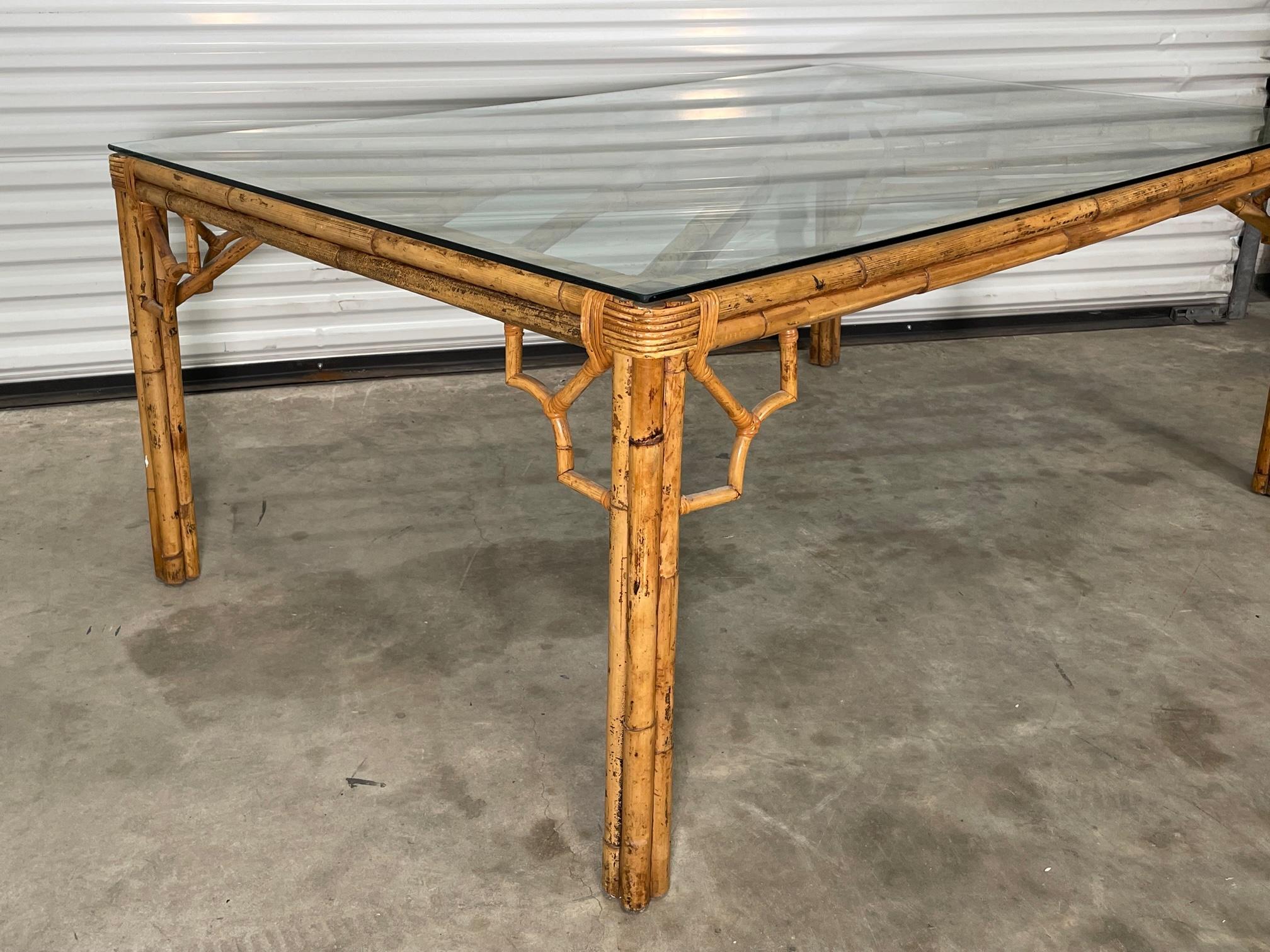 20th Century Rattan Chinese Chippendale Fretwork Dining Table For Sale