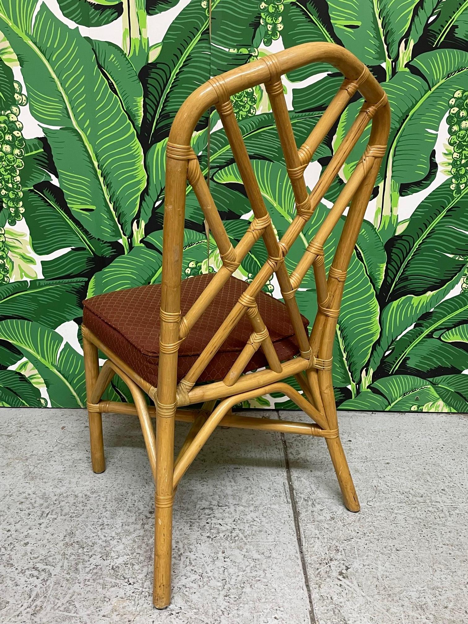 Organic Modern Rattan Chinese Chippendale Style Dining Chairs, Set of 6 For Sale