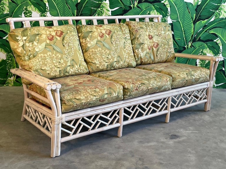Organic Modern Rattan Chinese Chippendale Style Sofa