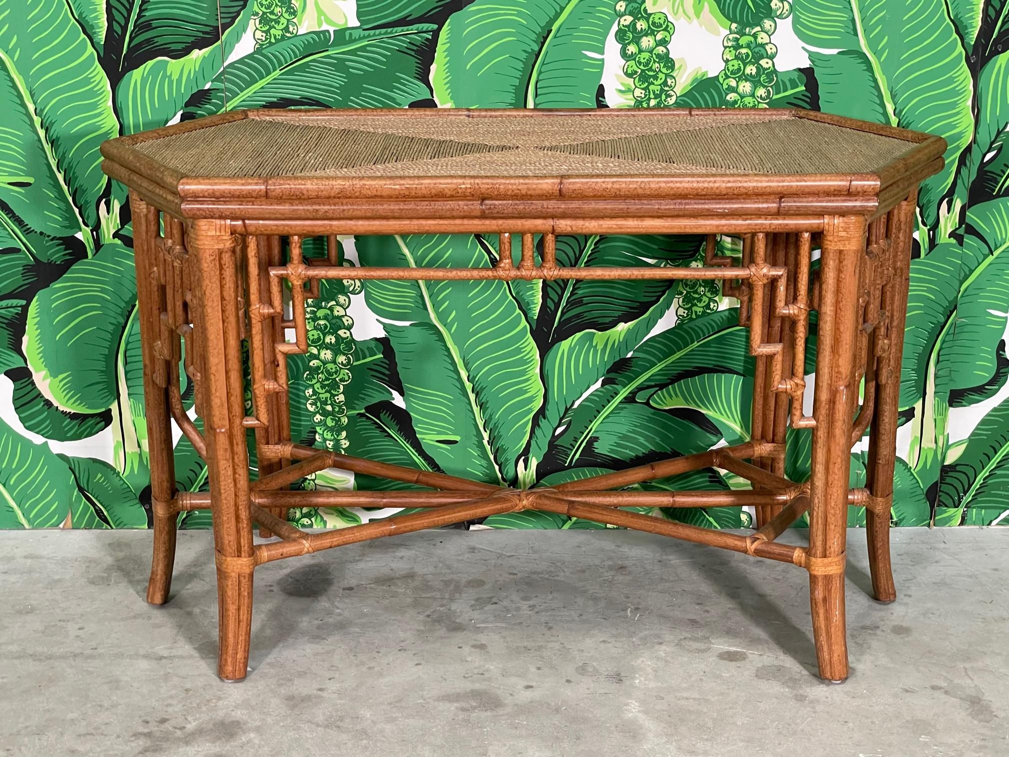 Organic Modern Rattan Chinoiserie Fretwork Dining Table Base or Console