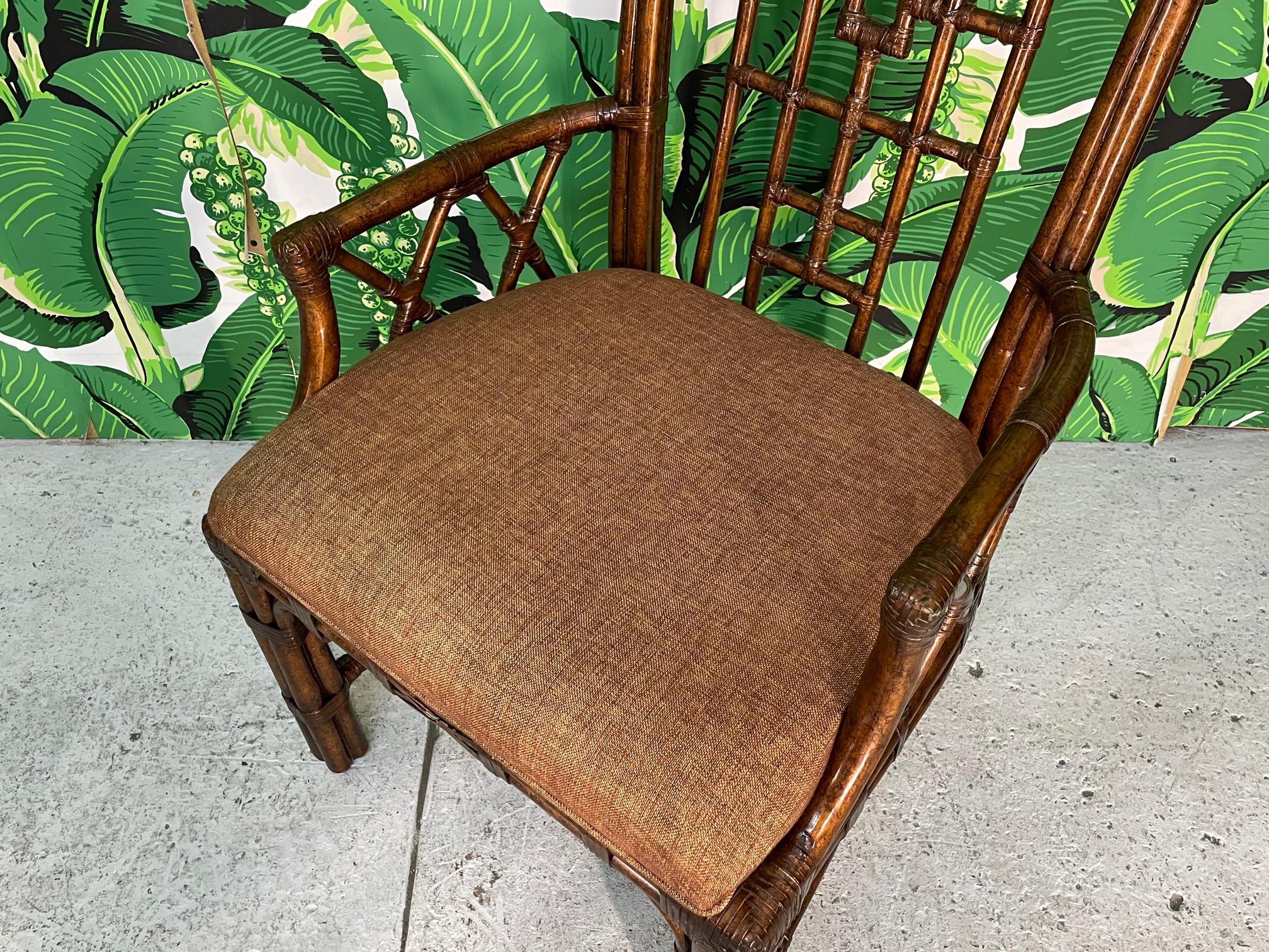 Upholstery Rattan Chinoiserie Pagoda Style Dining Chairs, Set of 6
