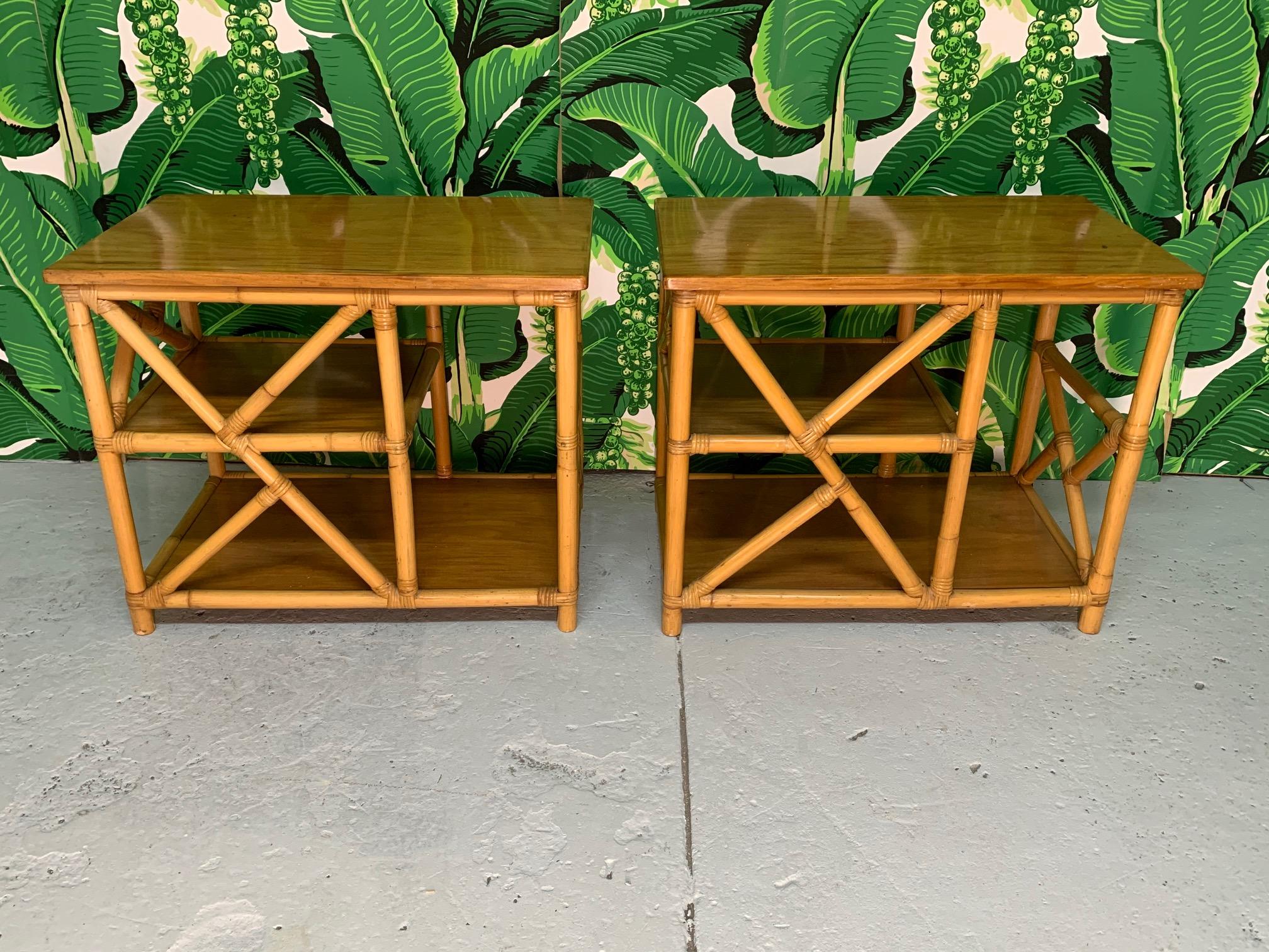 Hollywood Regency Rattan Chinoiserie Style End Tables