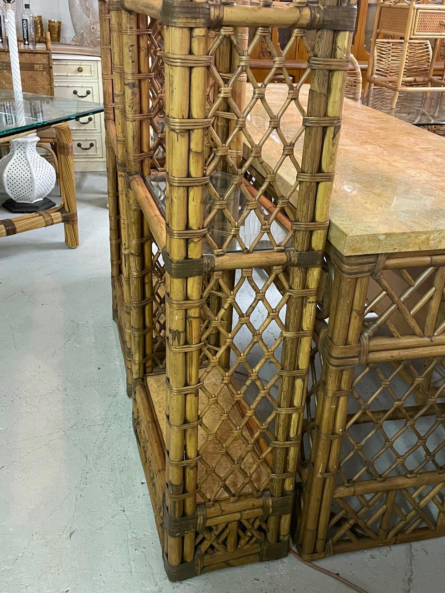 Late 20th Century Rattan Chinoiserie Style Etageres, a Pair