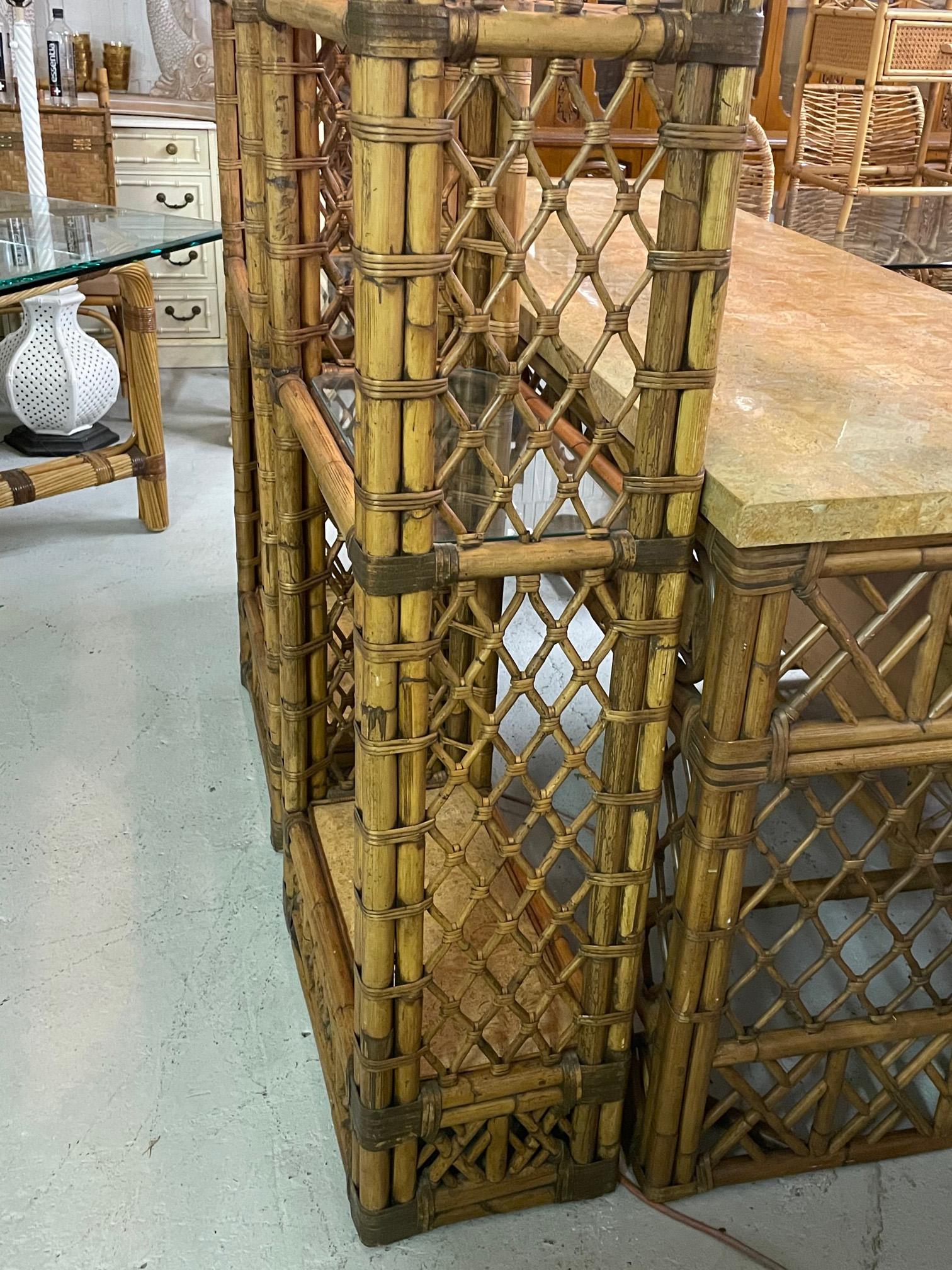 Late 20th Century Rattan Chinoiserie Style Fretwork Etageres, a Pair