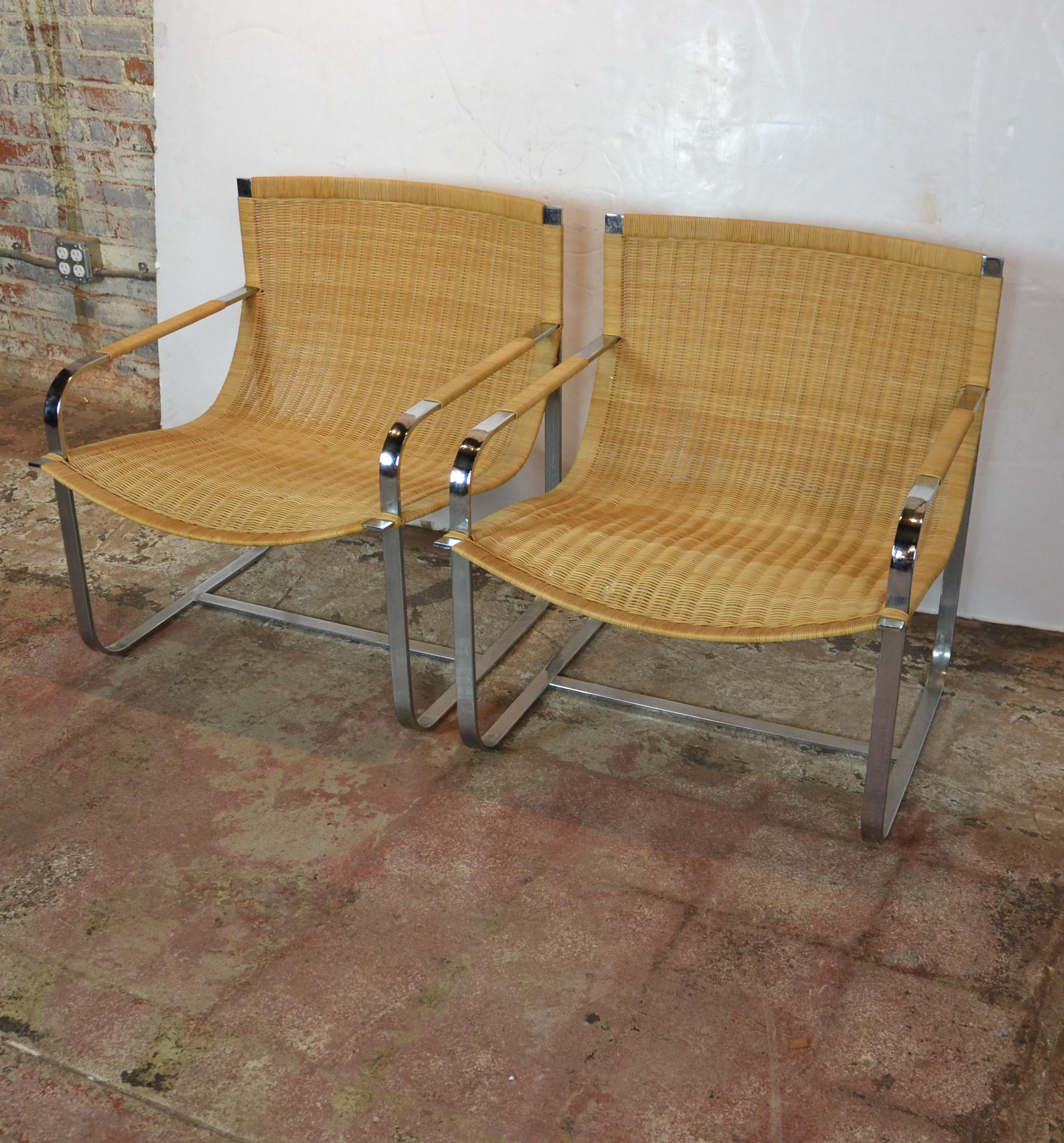 Pair of rattan and chrome lounge chair by Milo Baughman.