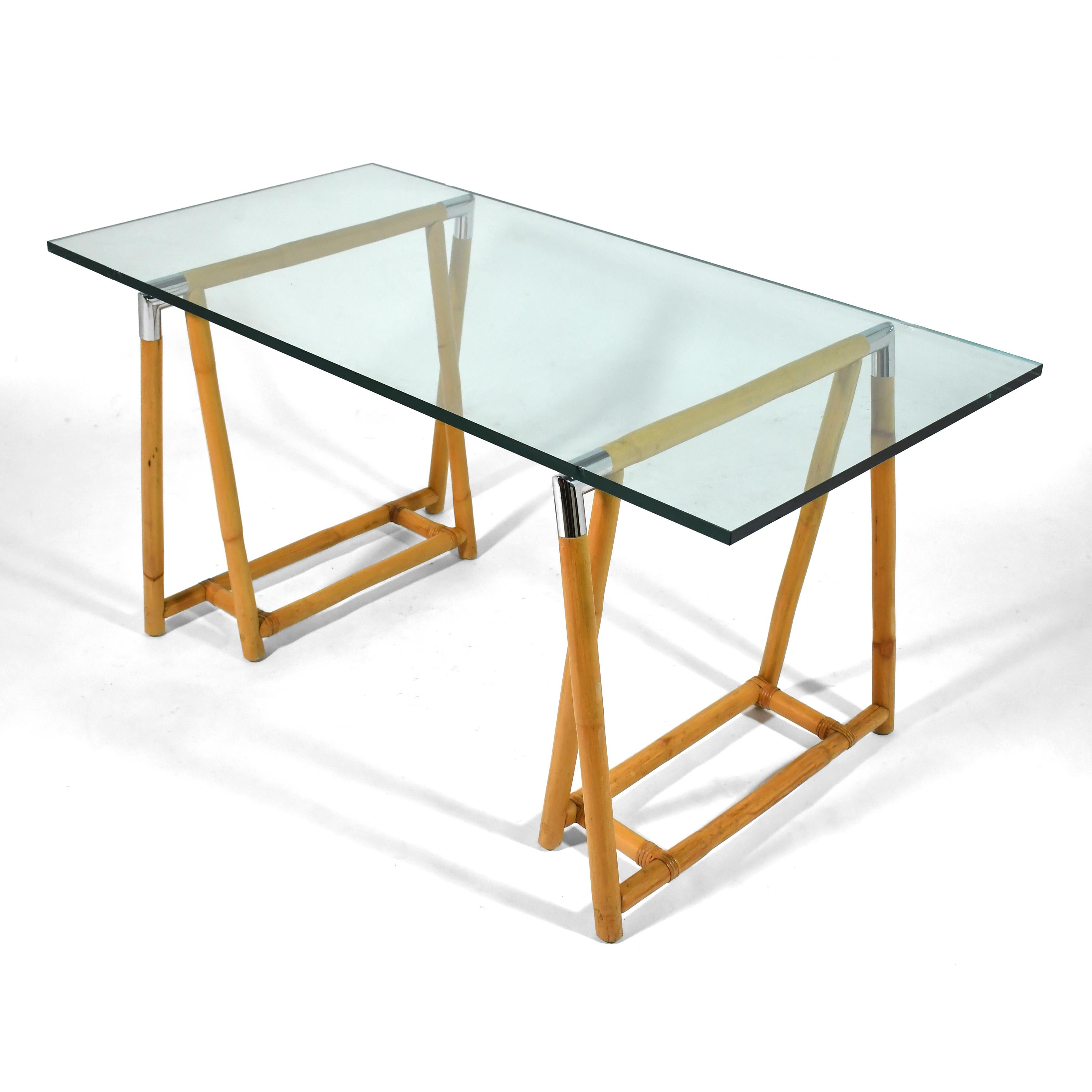 Sawhorse-Tisch/Schreibtisch aus Rattan und Chrom im Angebot 2