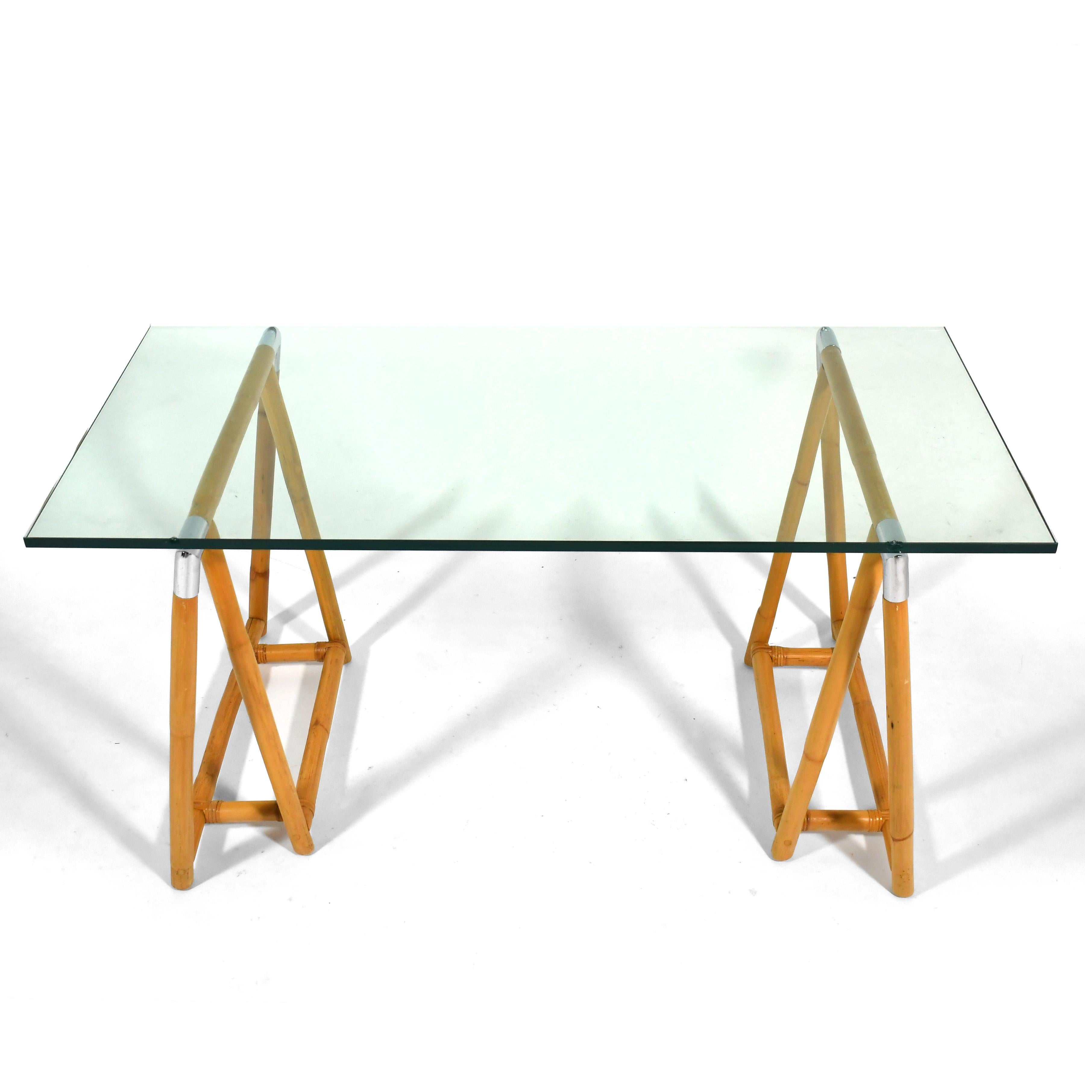 Plated Rattan & Chrome Sawhorse Table / Desk Bases For Sale