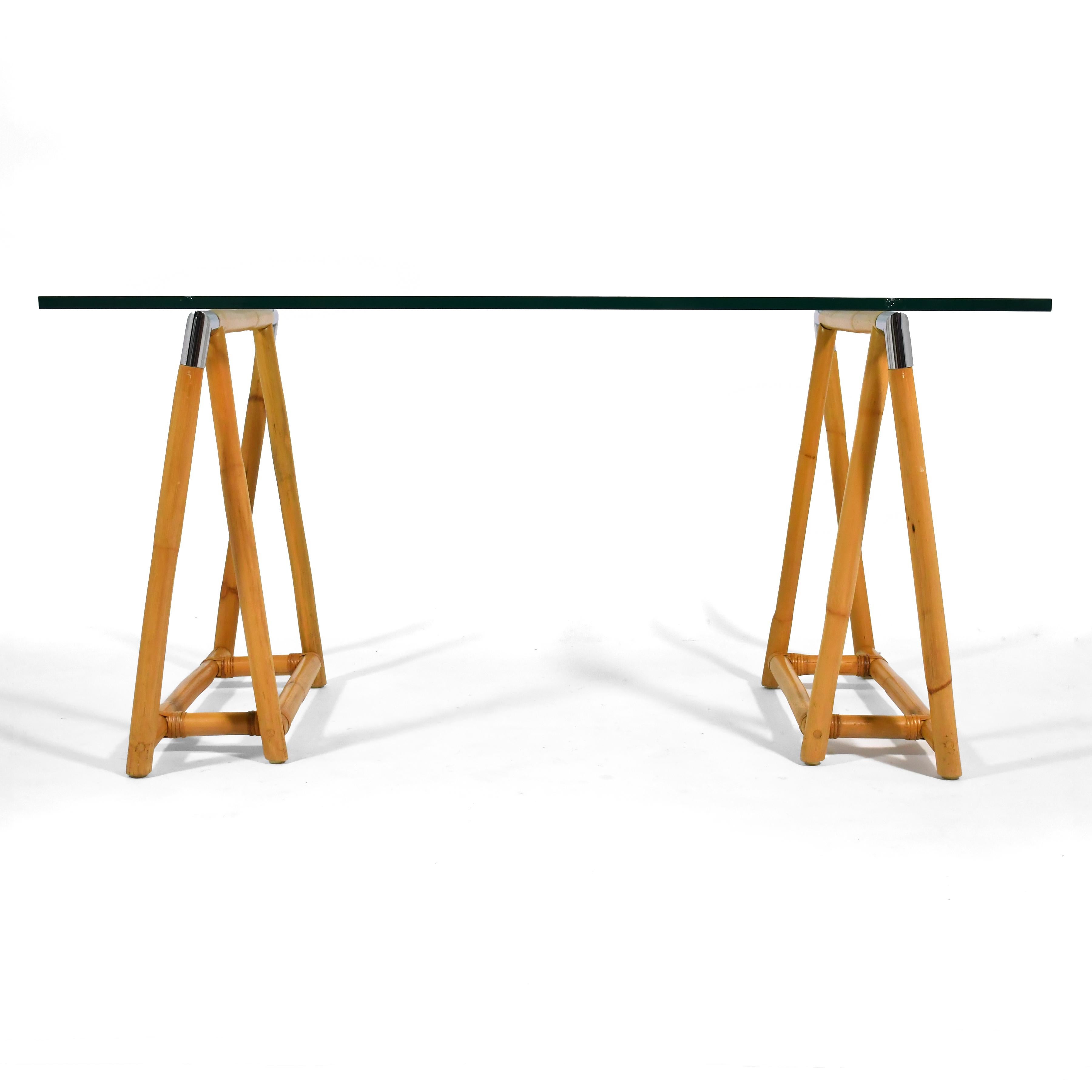 Rattan & Chrome Sawhorse Table / Desk Bases In Good Condition For Sale In Highland, IN