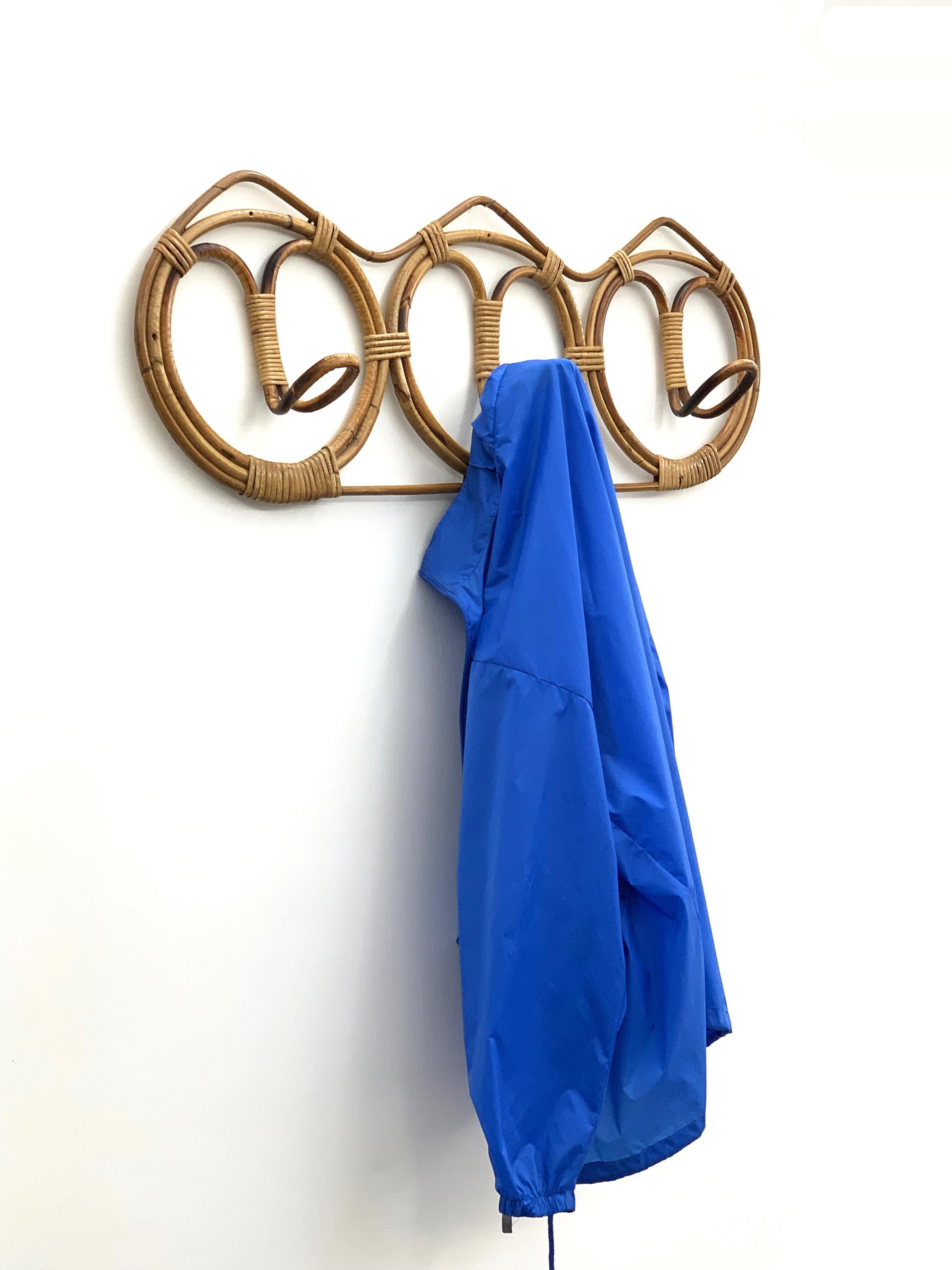 Midcentury Rattan and Bamboo Italian Coat Hook, 1960s For Sale 4